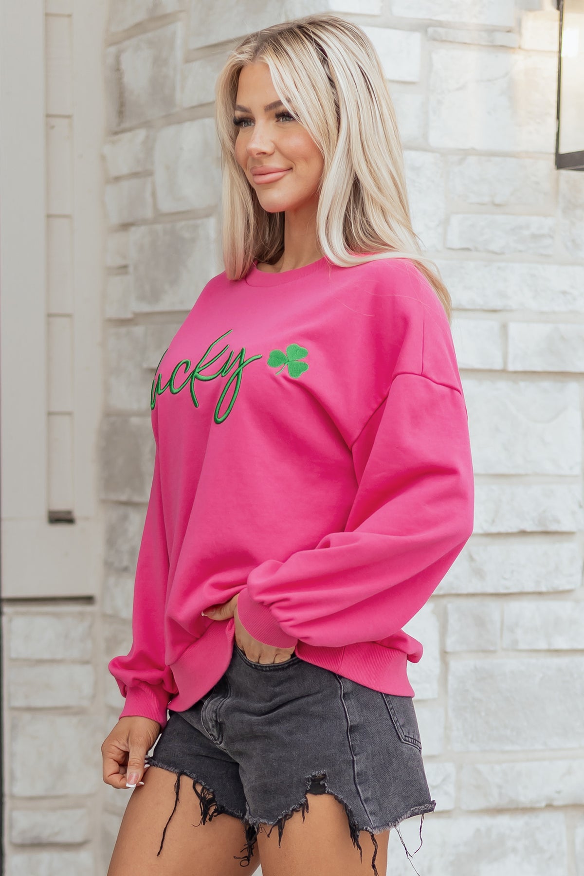 Rose Red Lucky Clover Embroidered Loose Pullover Sweatshirt