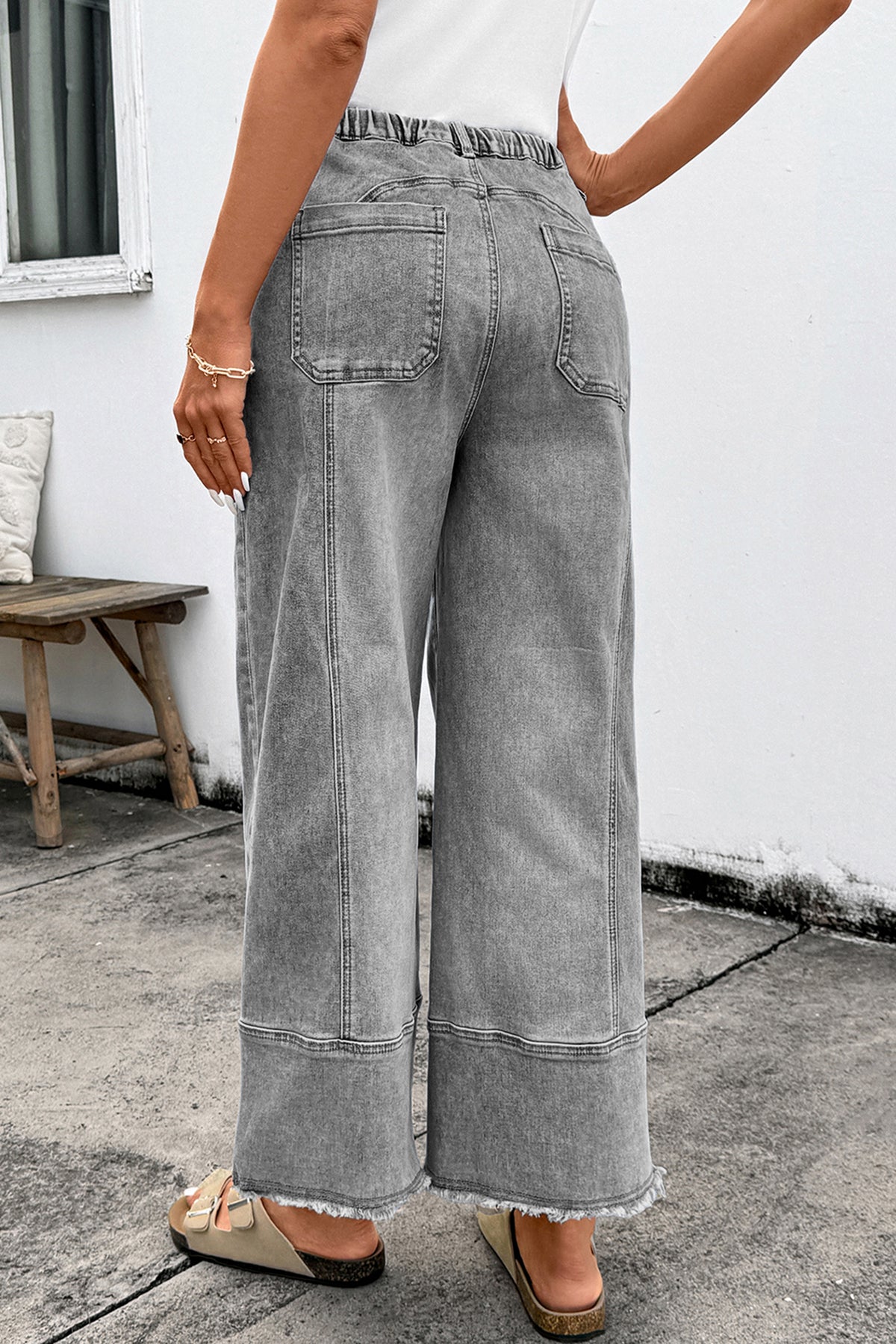 Prussian Blue Drawstring Seam Raw Hem Wide Leg Denim Pants