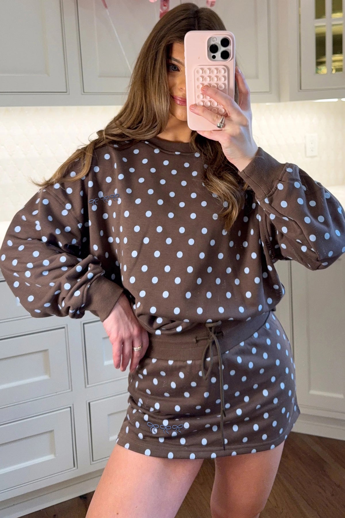 Women's Brown Polka Dot Long-Sleeve Pullover Embroidered Bow Detail Two-Piece Skort Set