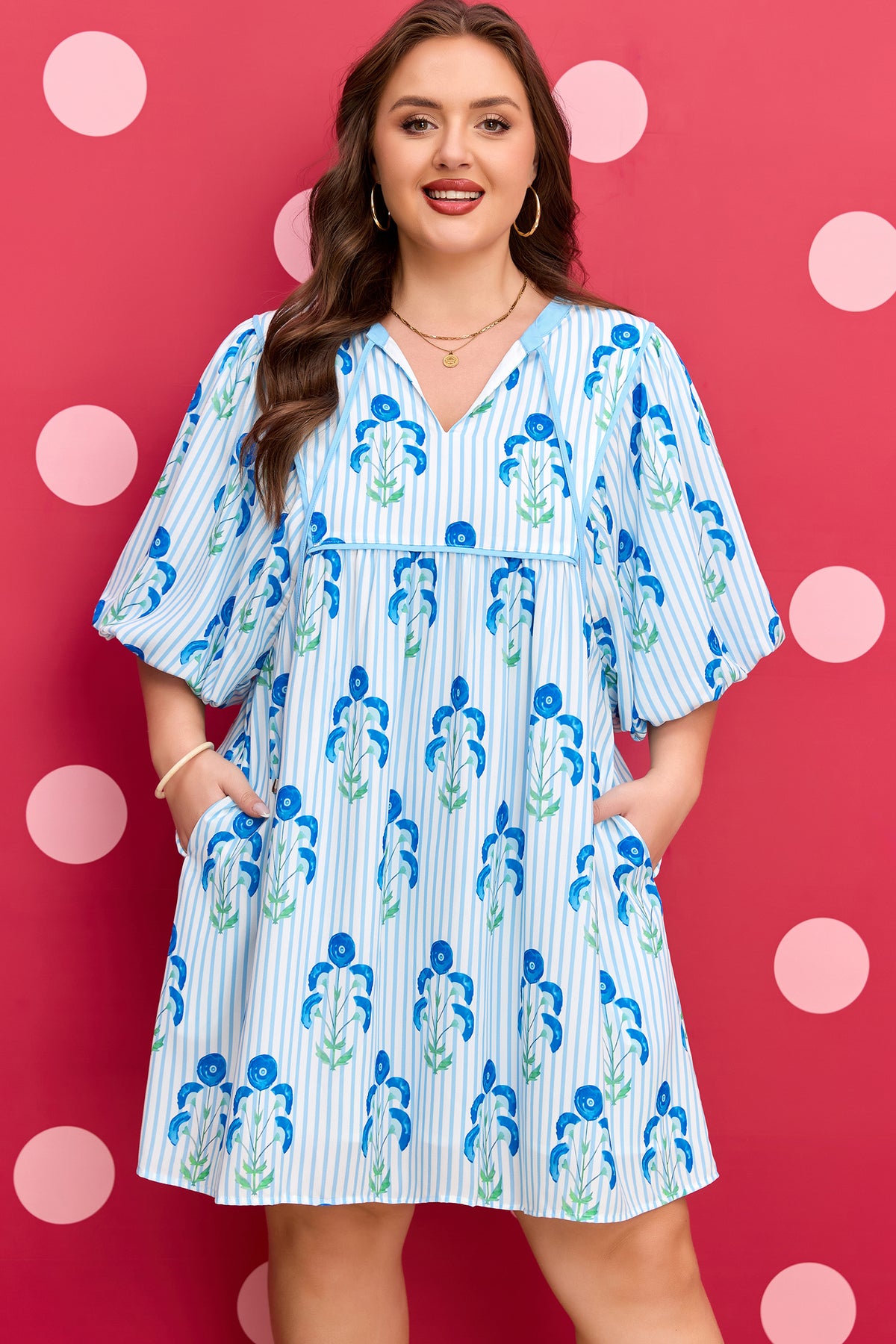 Sky Blue Floral Striped Bubble Short-Sleeve Plus Size Dress