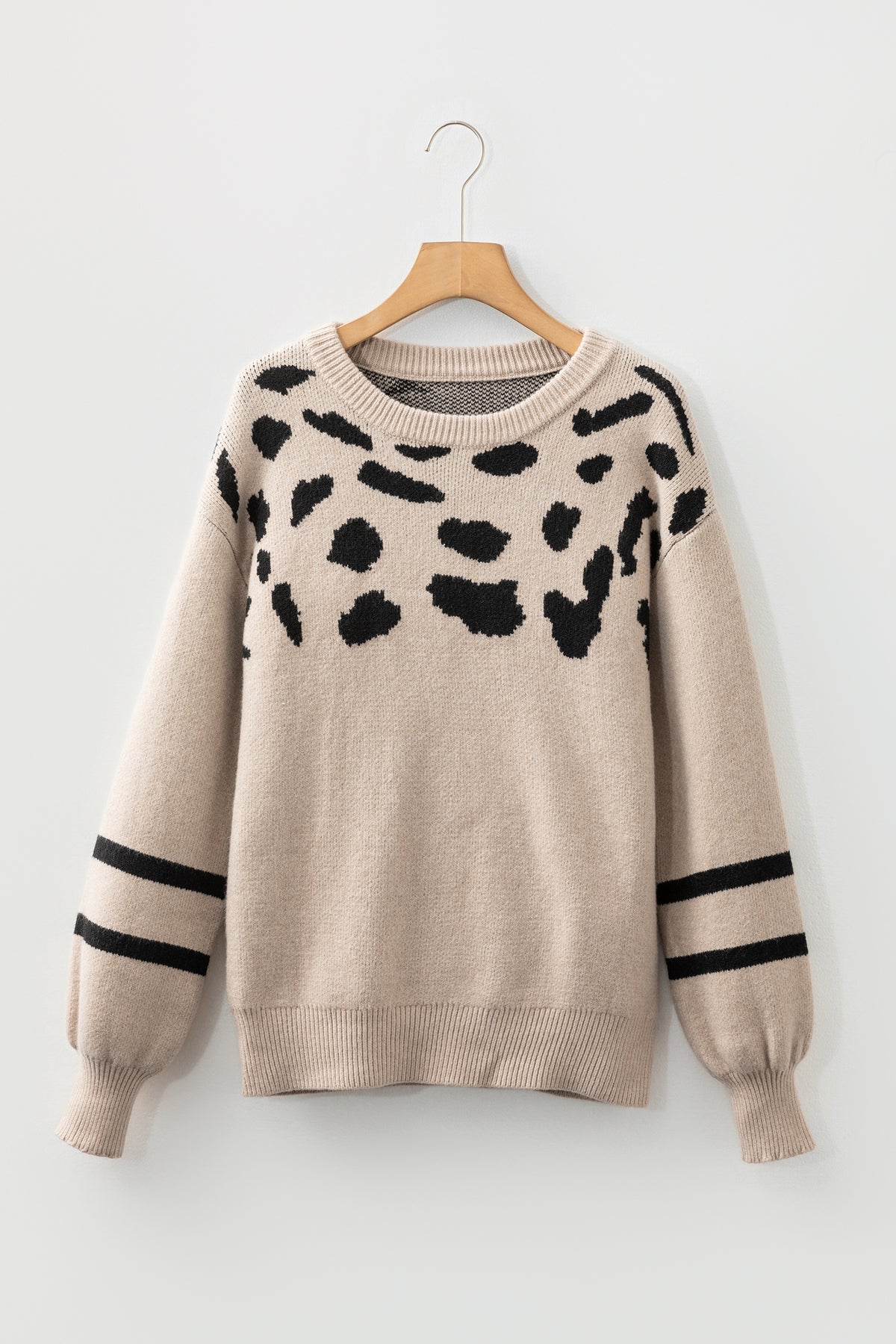 Khaki Leopard Striped Detail Drop Shoulder Sweater