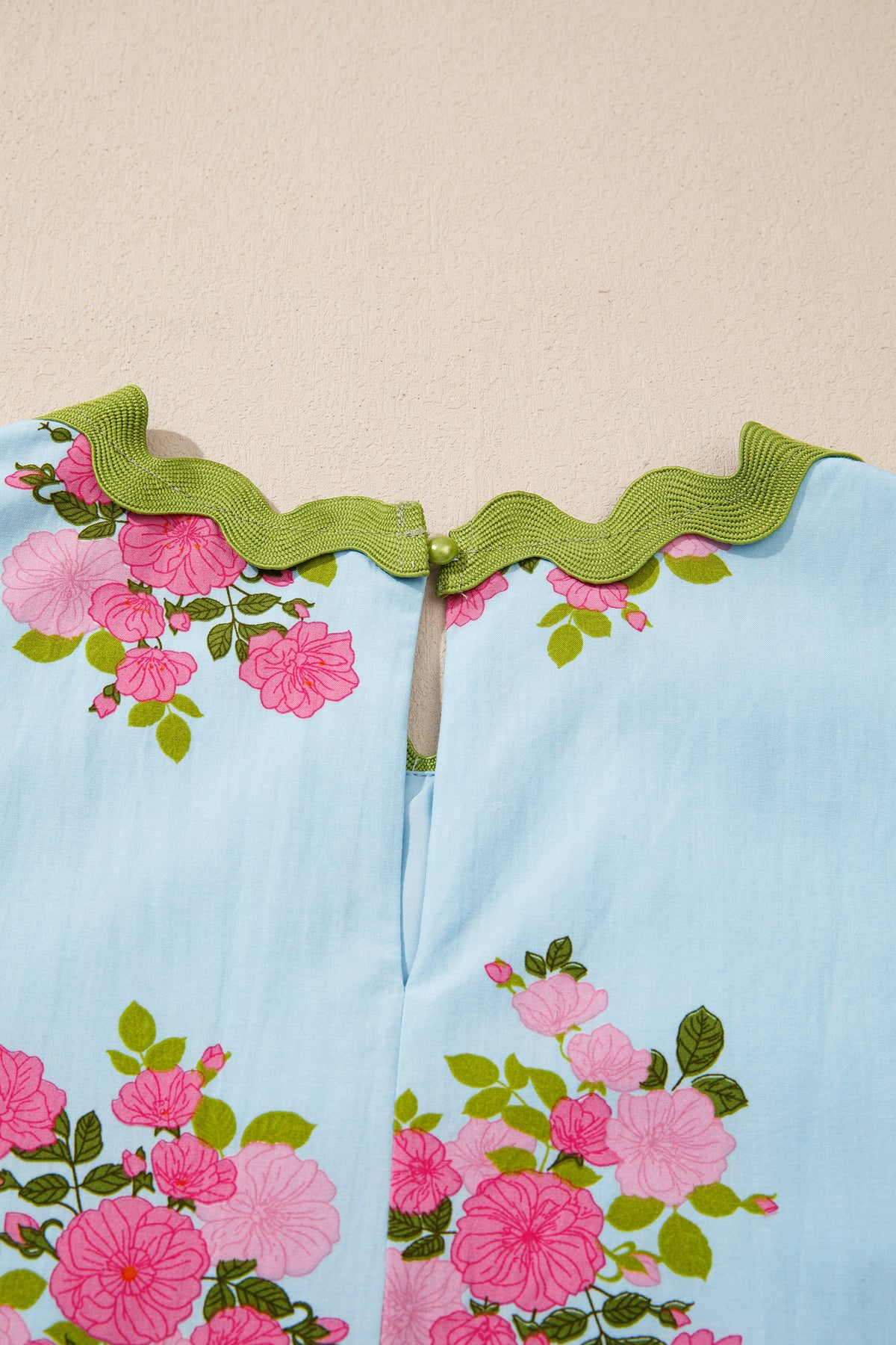 Sky Blue Floral Contrast Ricrac Detail Bubble Sleeve Dress