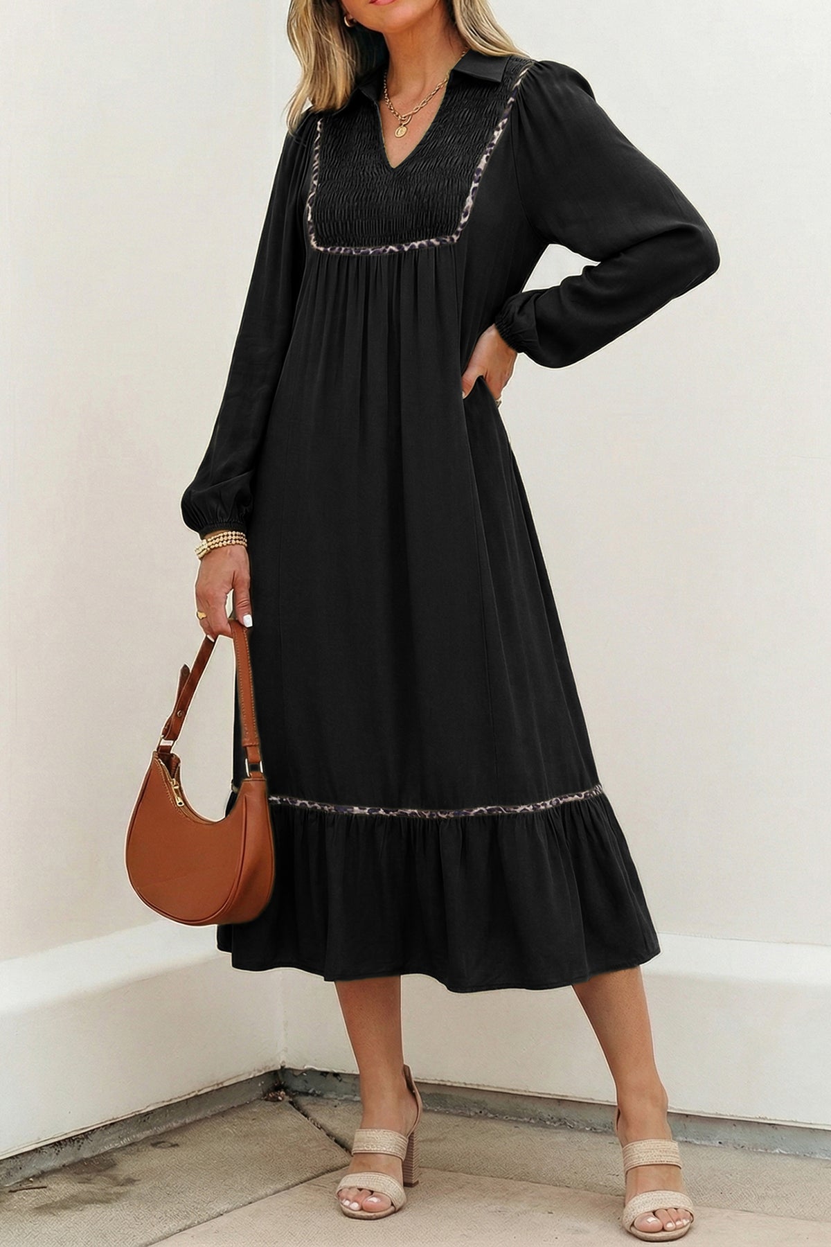 Black V Neck Smocked Contrast Leopard Trim Bracelet Sleeve Long Dress