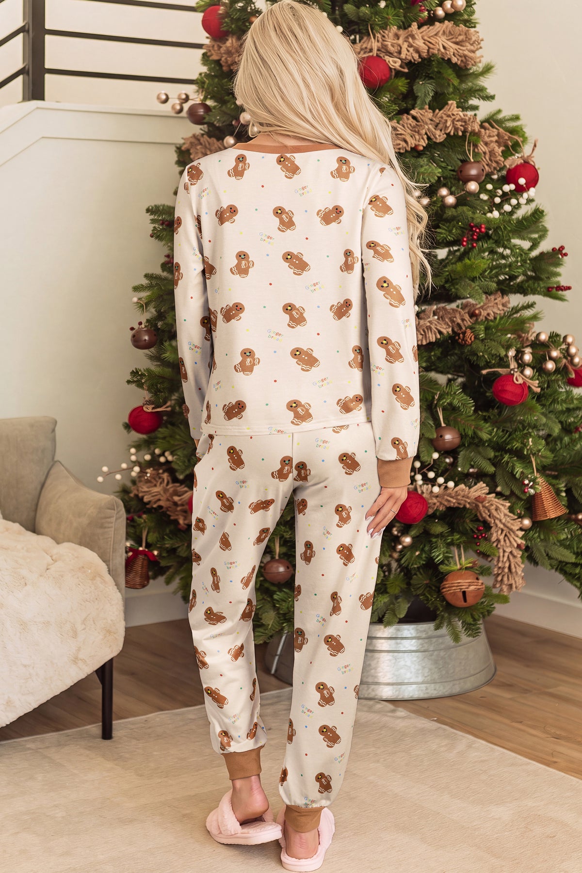 Khaki Abstract Gingerbread Print Colorblock Long Sleeve Lounge Set