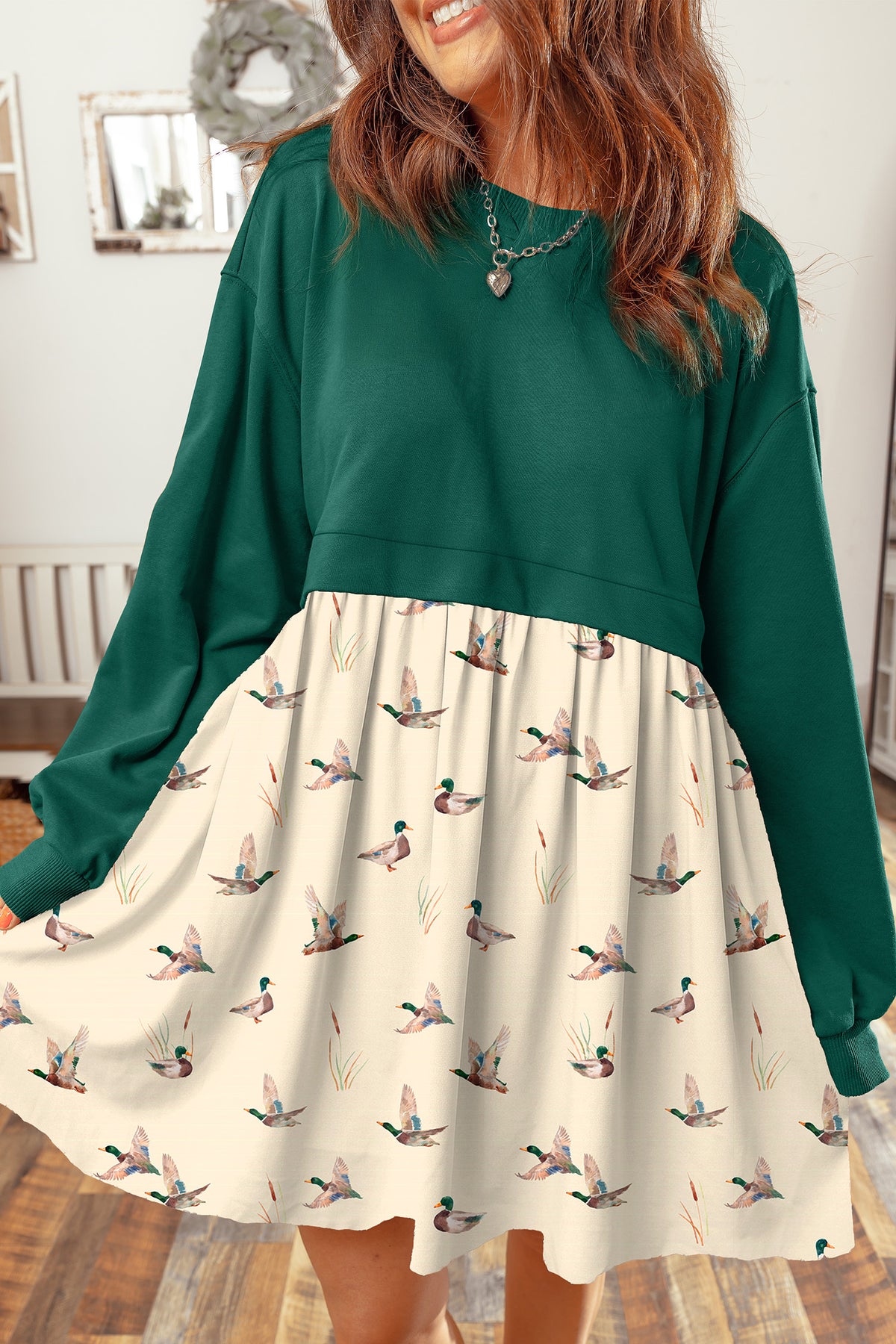 Green Mallard Print Patchwork Flared Mini Dress