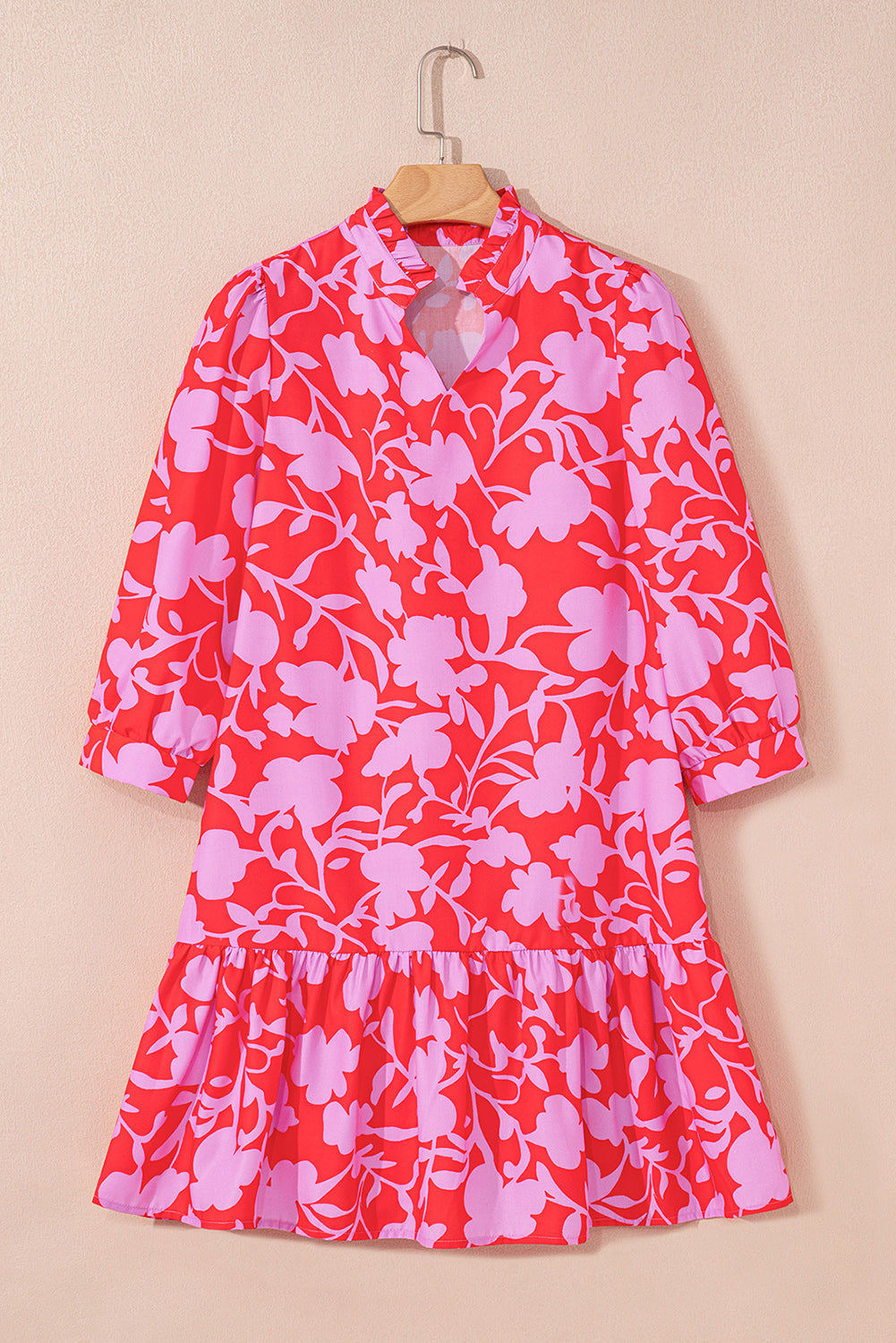 Red Floral Three Quarter Sleeves Ruffle Hem Mini Dress