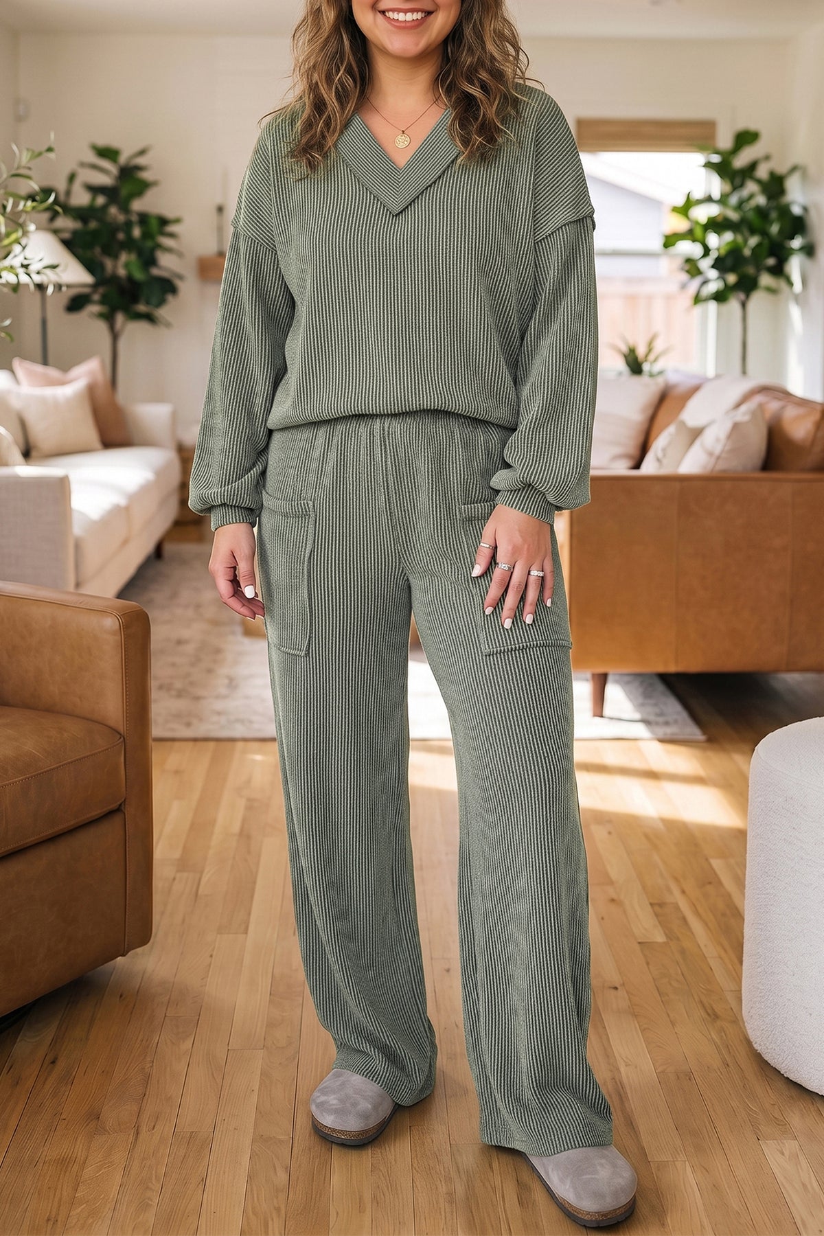 Four Leaf Clover Twisted Ribbed Exposed Seam Detail V-Neck Pullover Plus Size Pant Set