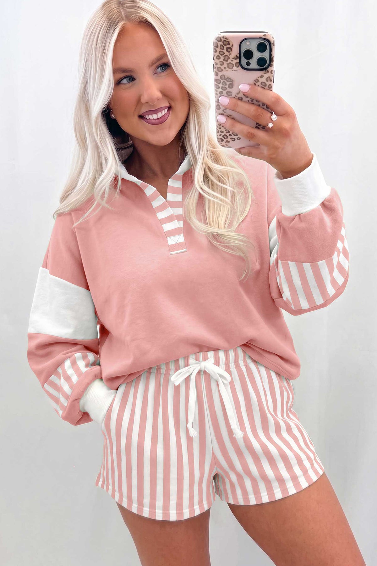 Women's Black Striped Color Block Pullover Top Drawstring Shorts Set