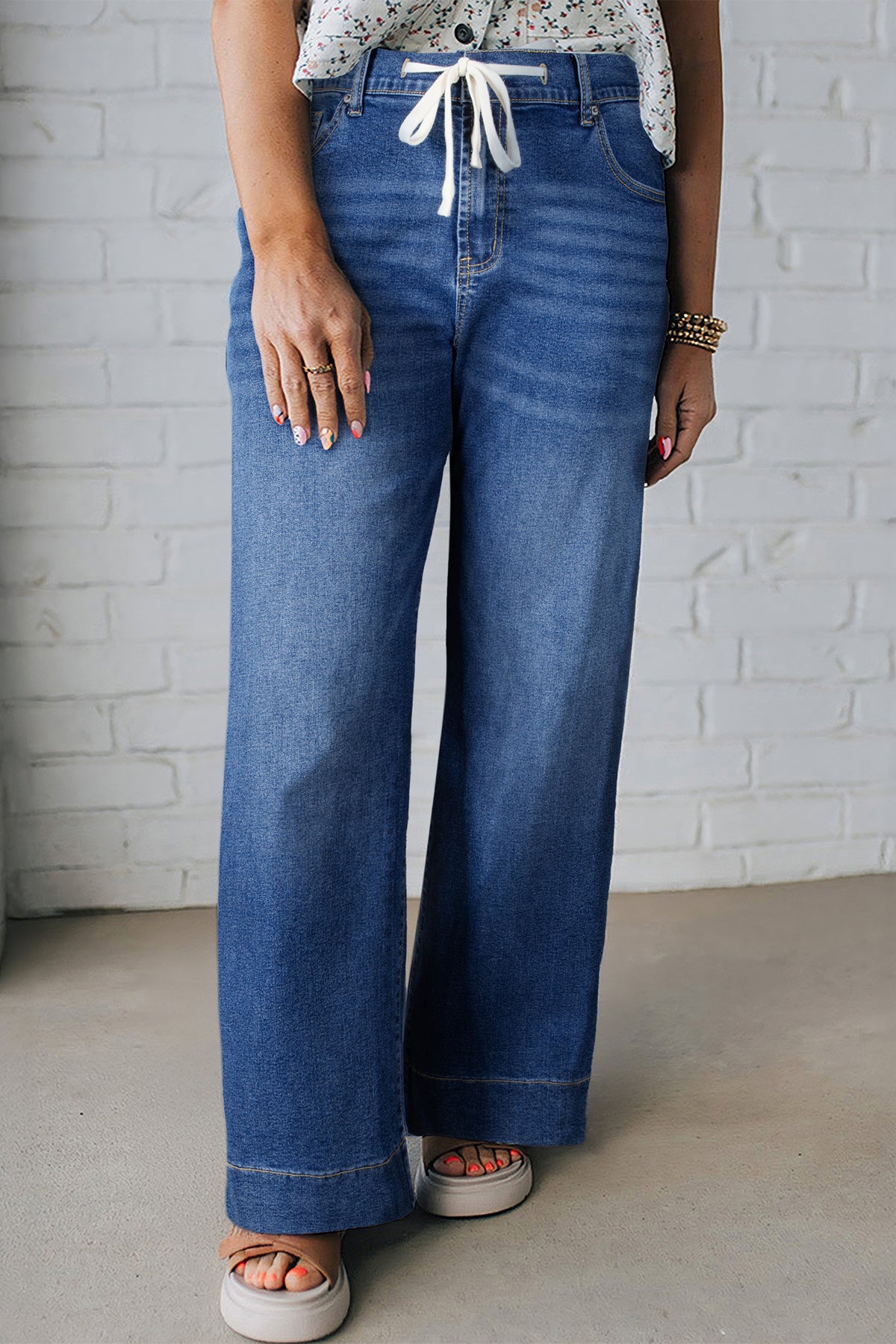 Dark Blue Acid-Wash Contrast Lace-Up Plus Size Jeans