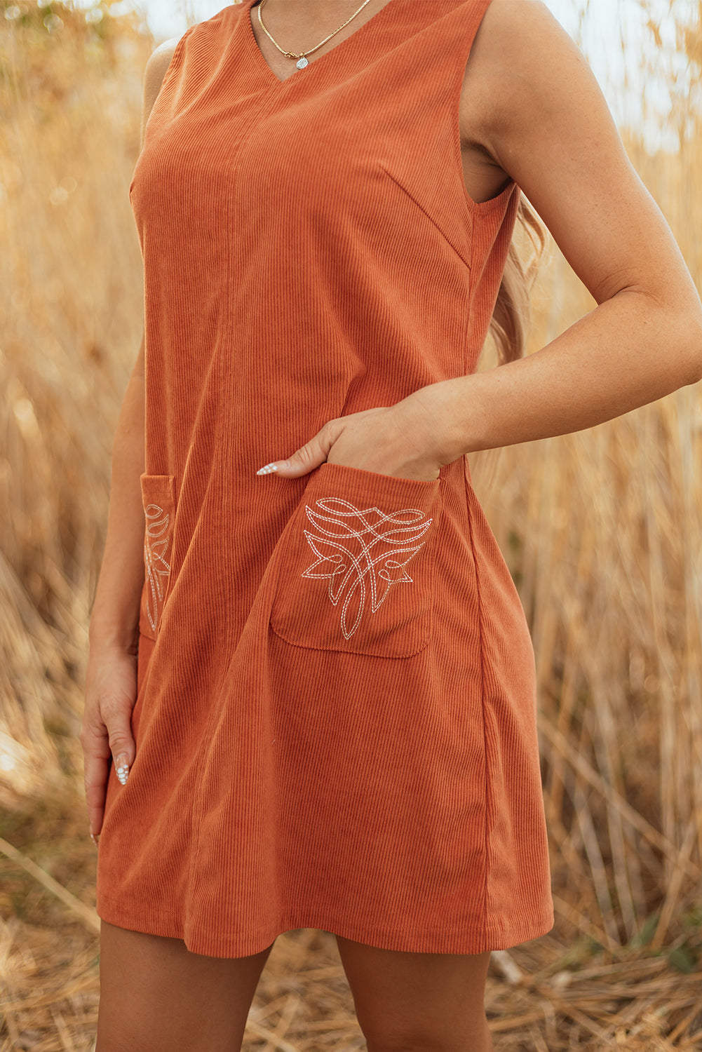 Gold Flame Corduroy Western Embroidered Sleeveless Mini Dress