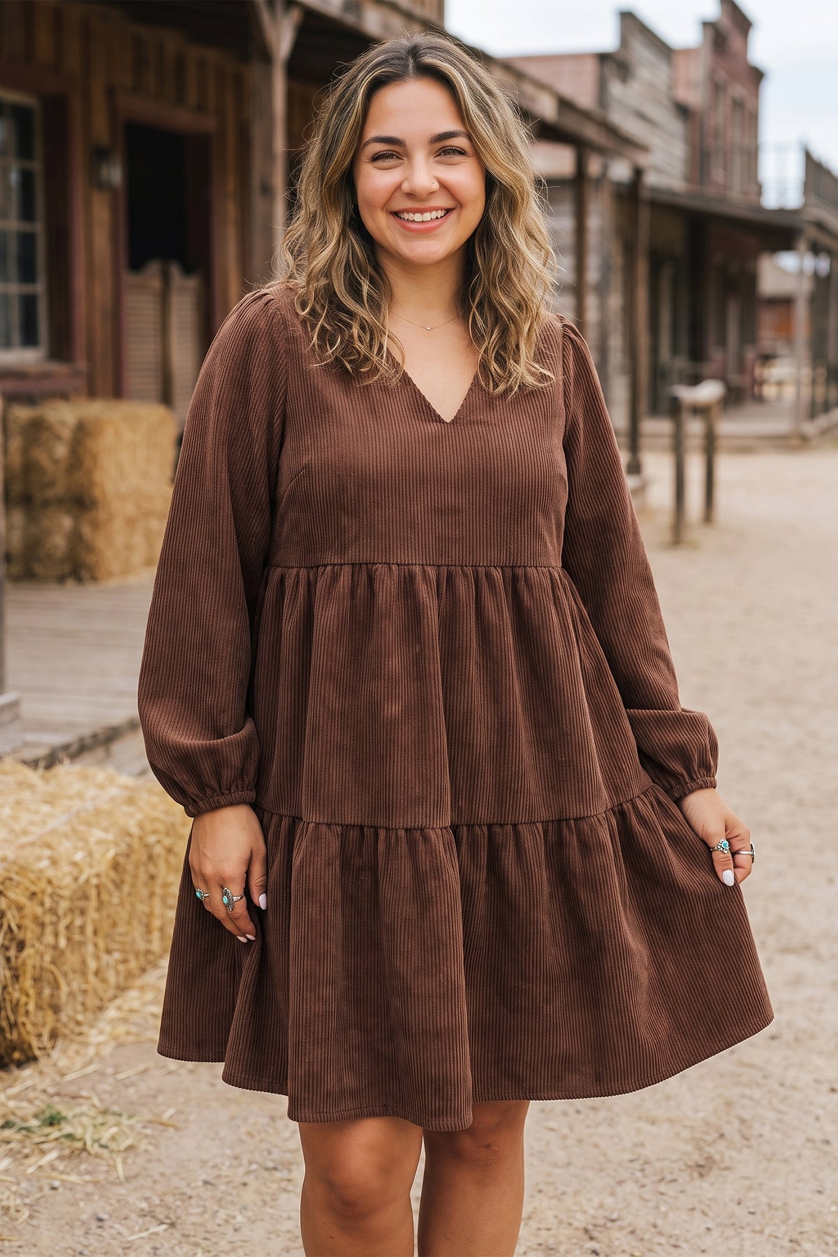 Coffee Winter Corduroy V-Neck Long-Sleeve Plus Size Mini Dress