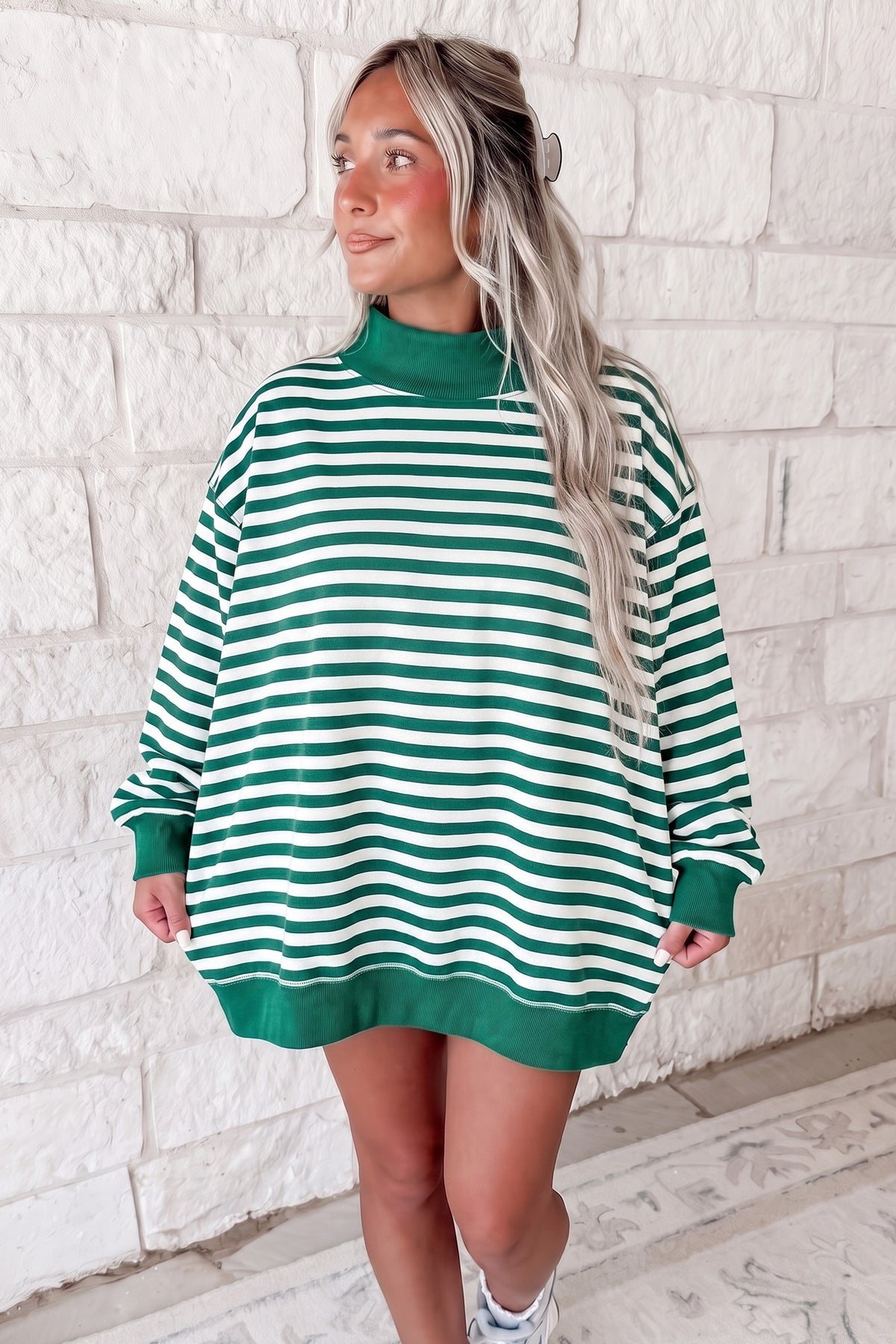 Green Stripe Mock Neck Oversized Tunic Sweatshirt