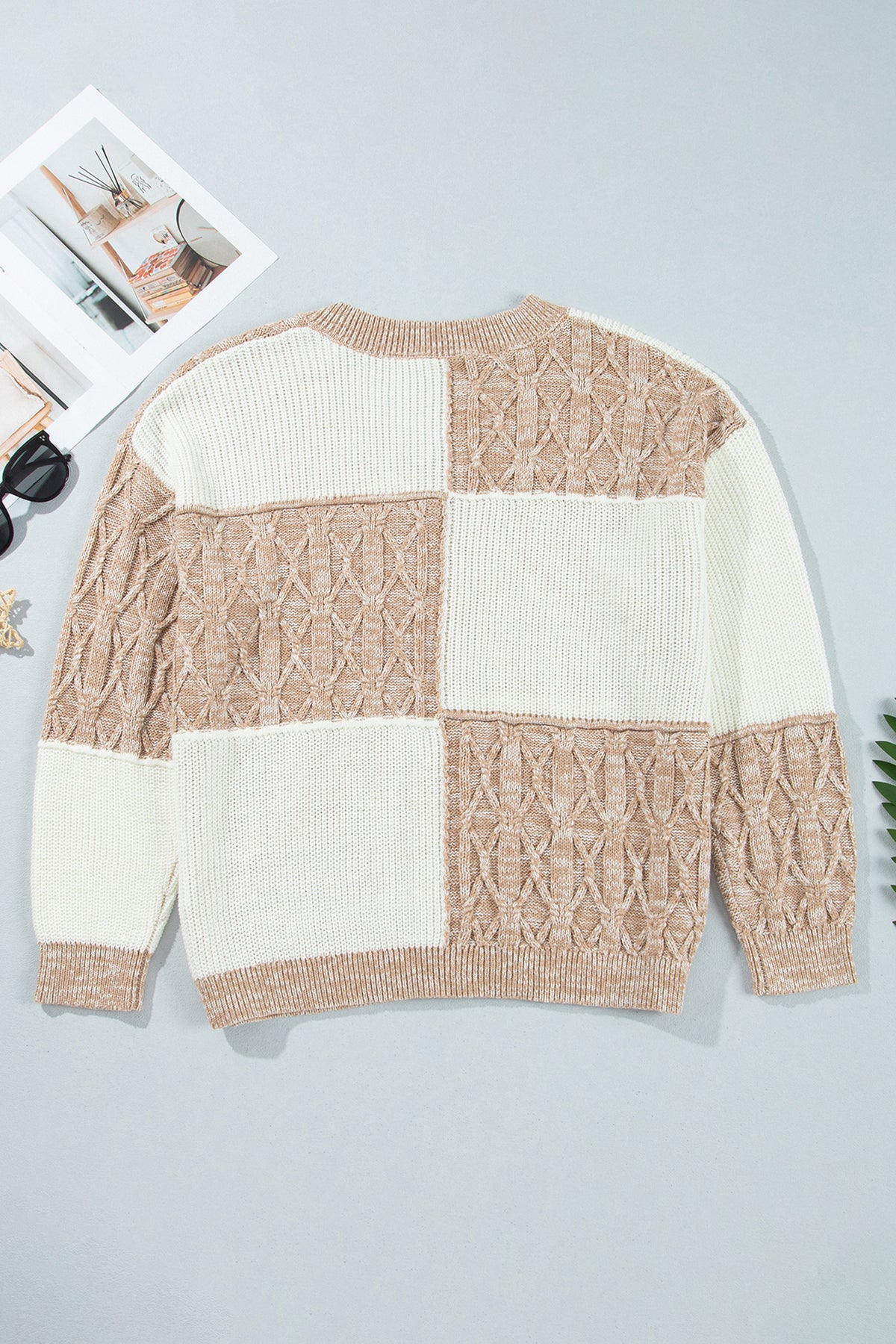 Parchment Color-Block V-Neck Long-Sleeve Tunic Loose Fit Plus Size Sweater