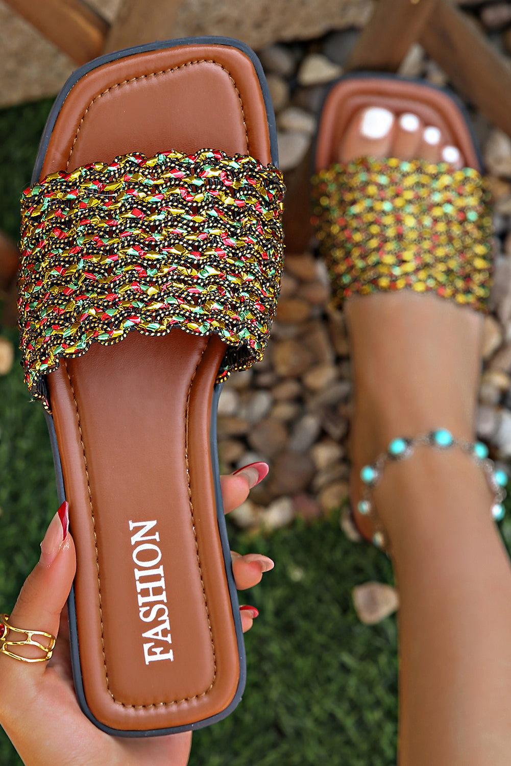 Red Dahlia Glitter Braided Square Toe PU Leather Sandals