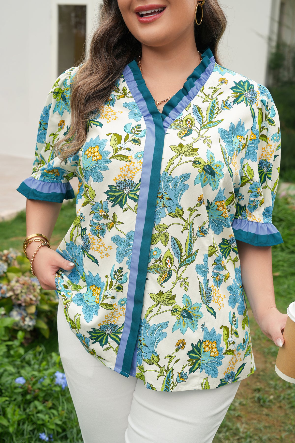 Sky Blue Plus Size Frilled V-Neck Short-Sleeve Floral Blouse