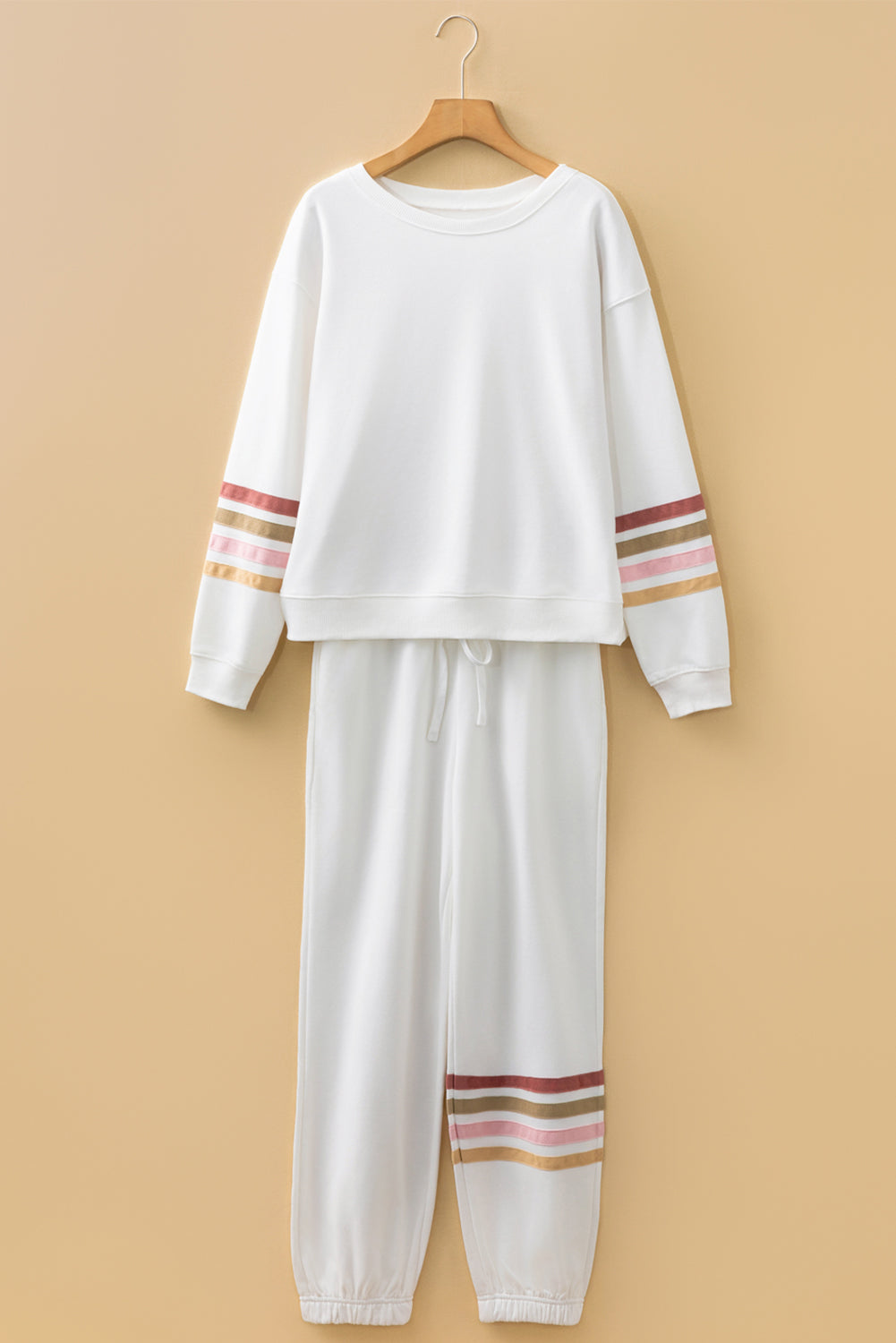 Women's Beige Striped Drop Shoulder Round Neck Pullover and Jogger Pants Active Outfit Set