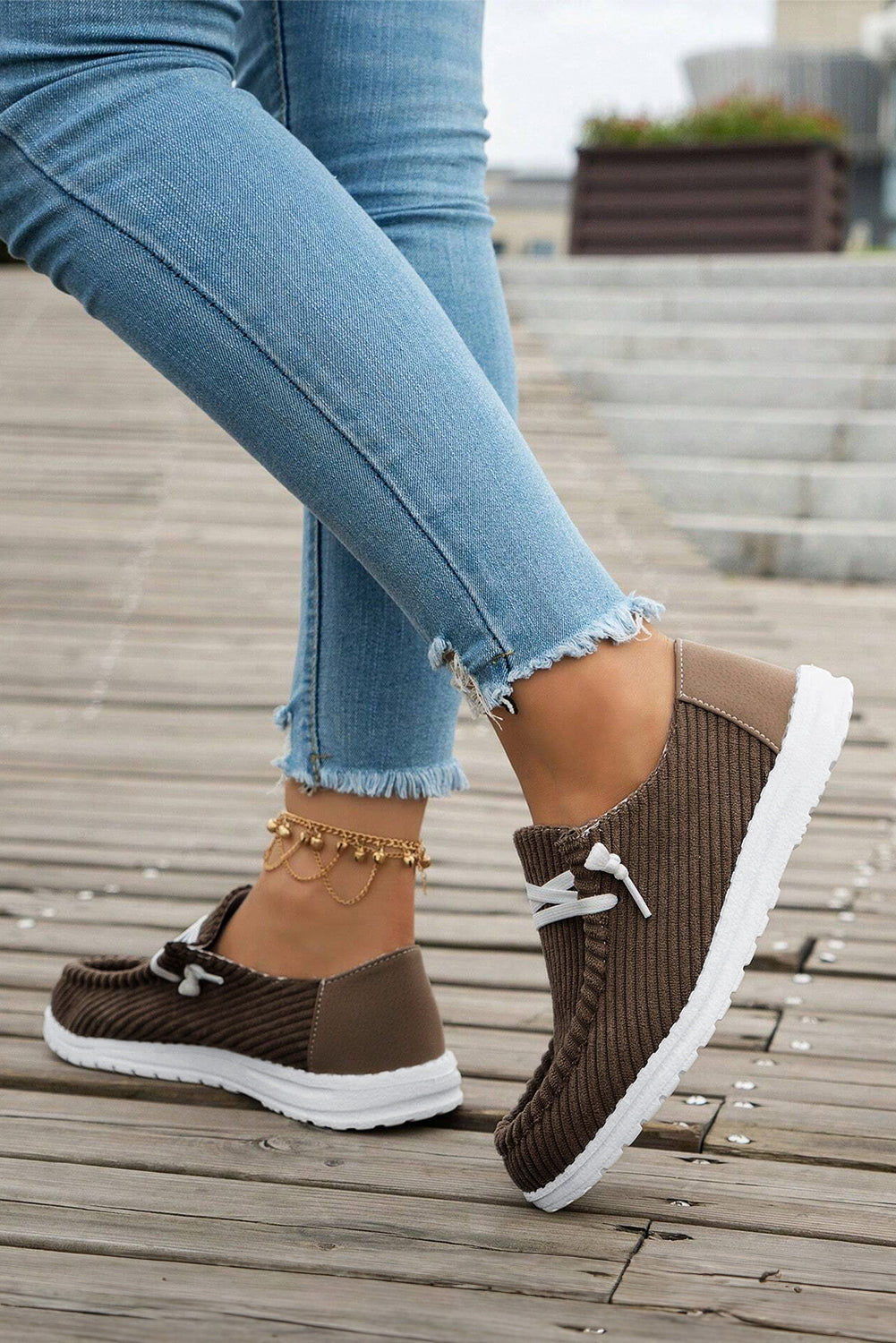 Coffee Solid Ribbed Criss Cross Slip-On Casual Shoes
