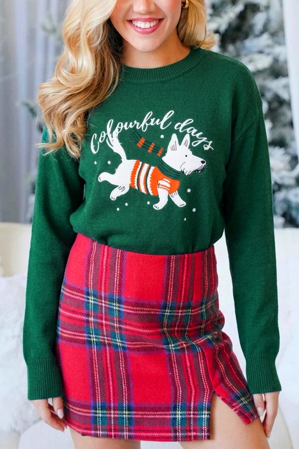 Blackish Green Abstract Dog Embroidery Christmas Round Neck Sweater