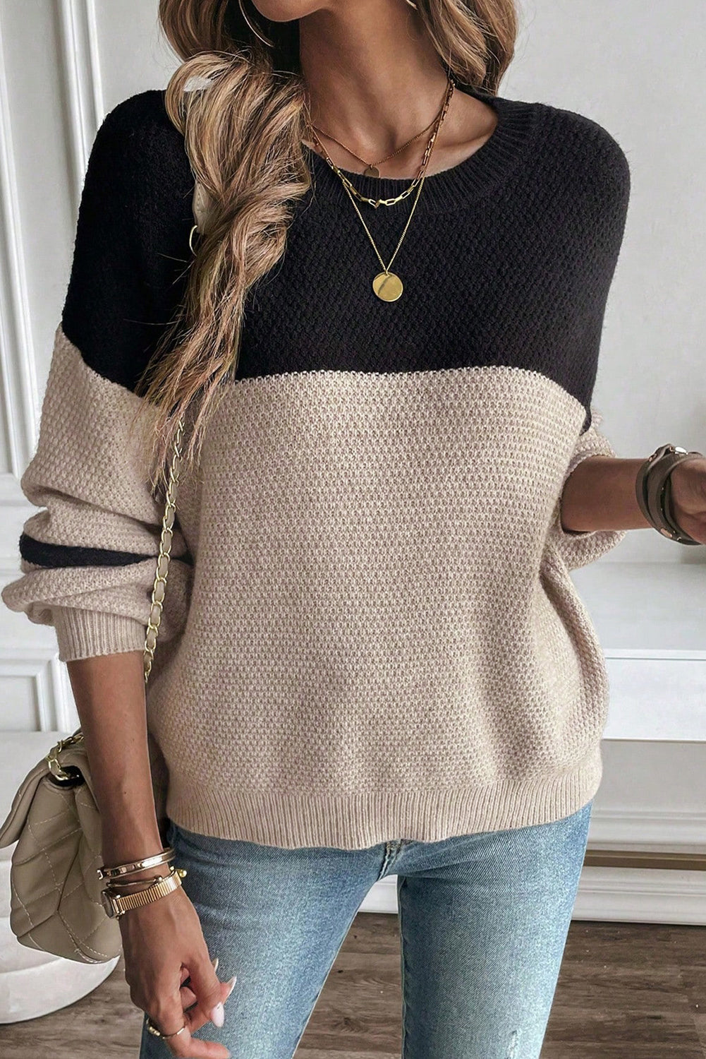Parchment Color Block Knit Striped Sleeve Detail Casual Sweater
