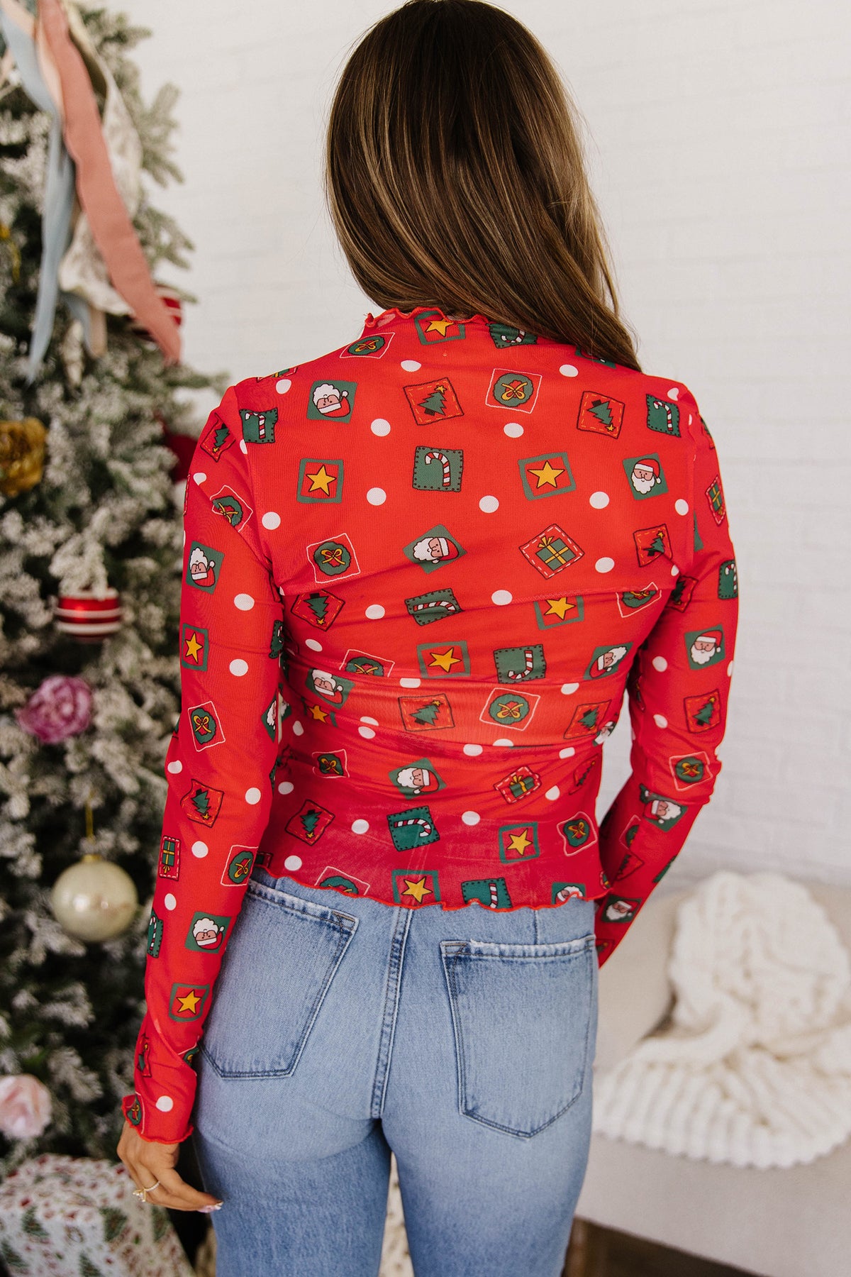 Fiery Red Christmas Elements Printed Sheer Mesh Top