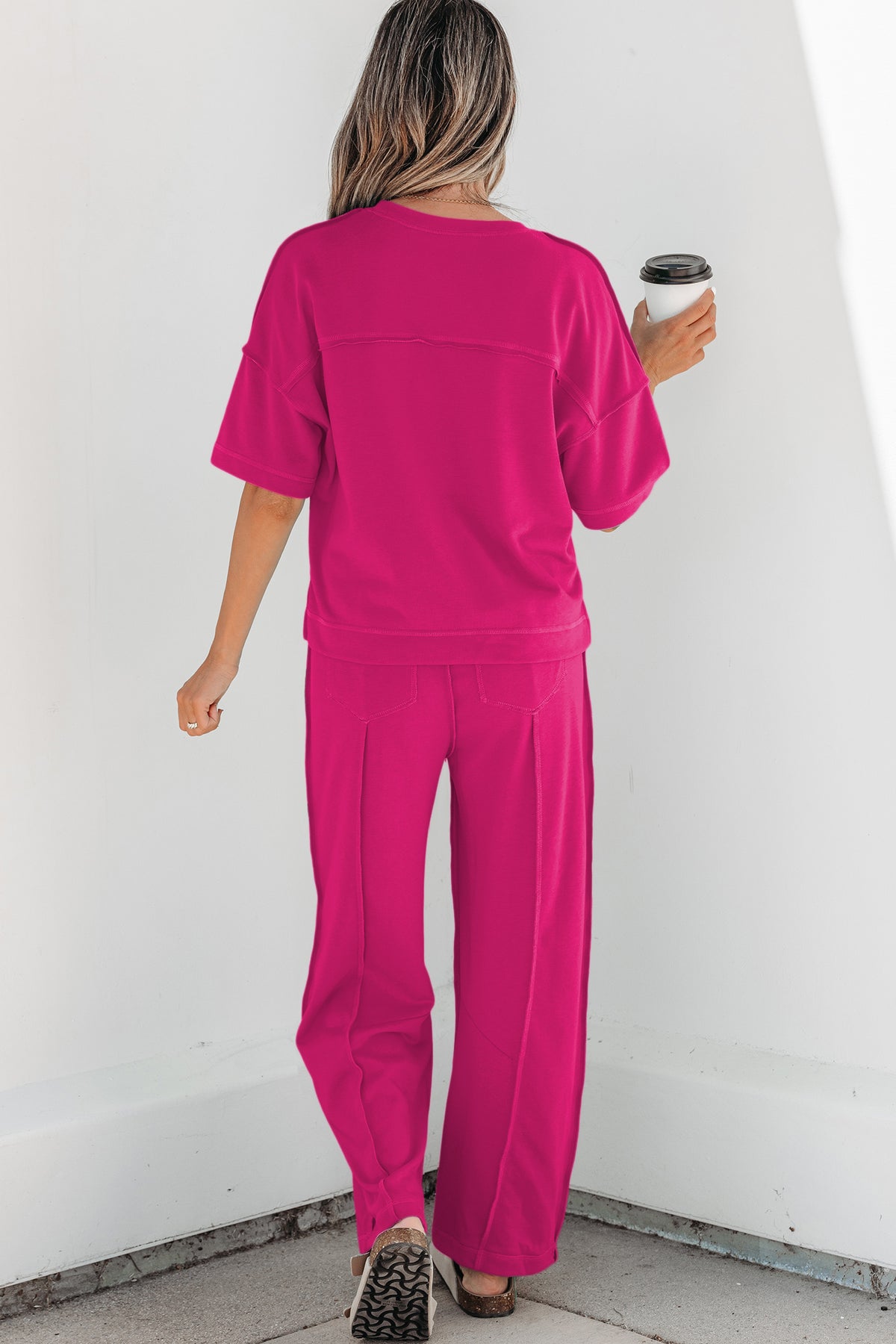 Women's Rose Red Drop Shoulder Boxy Tee and Barrel Pants Set