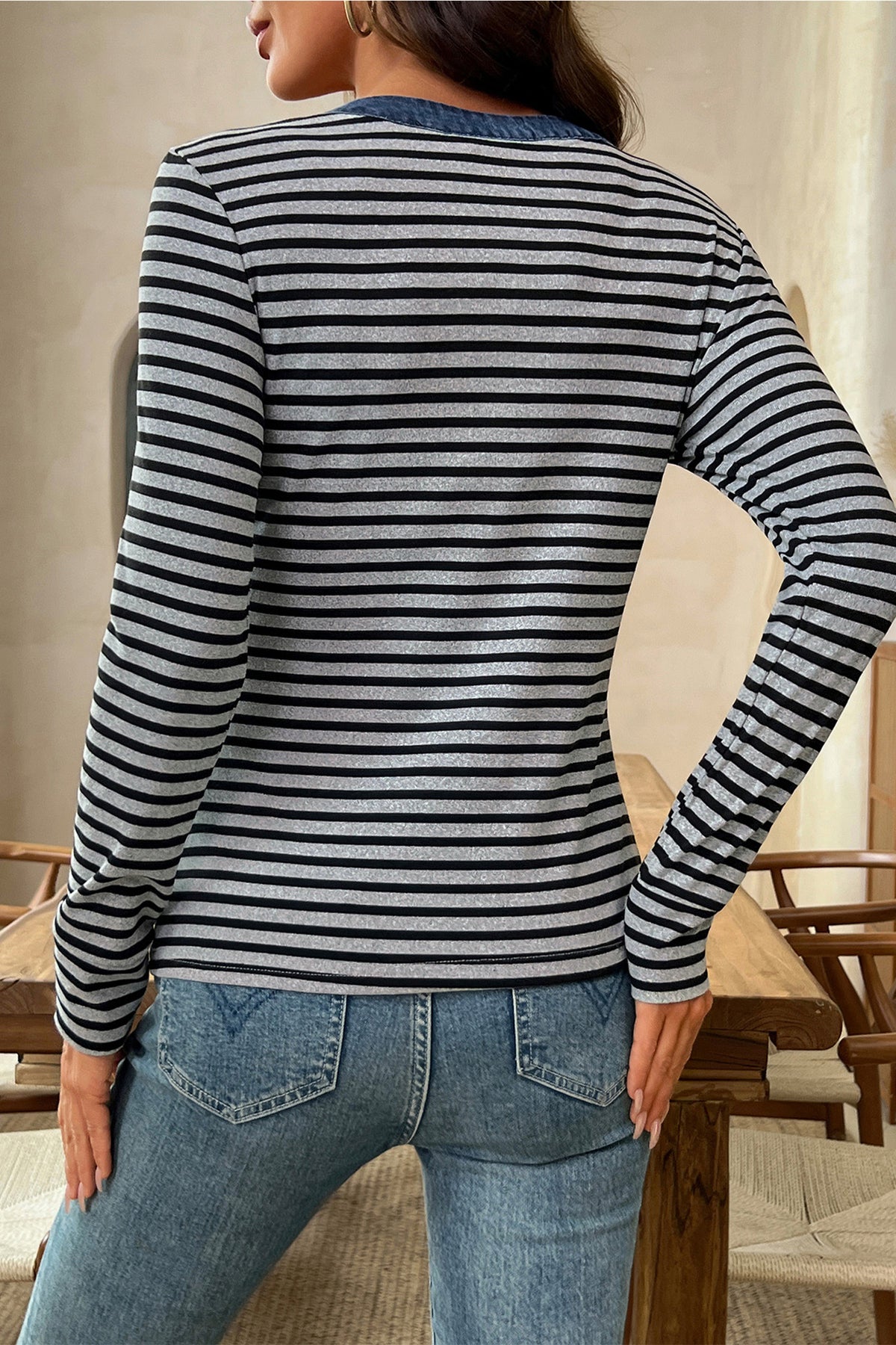 Gray Stripe Denim Contrast Collar Half Button Top