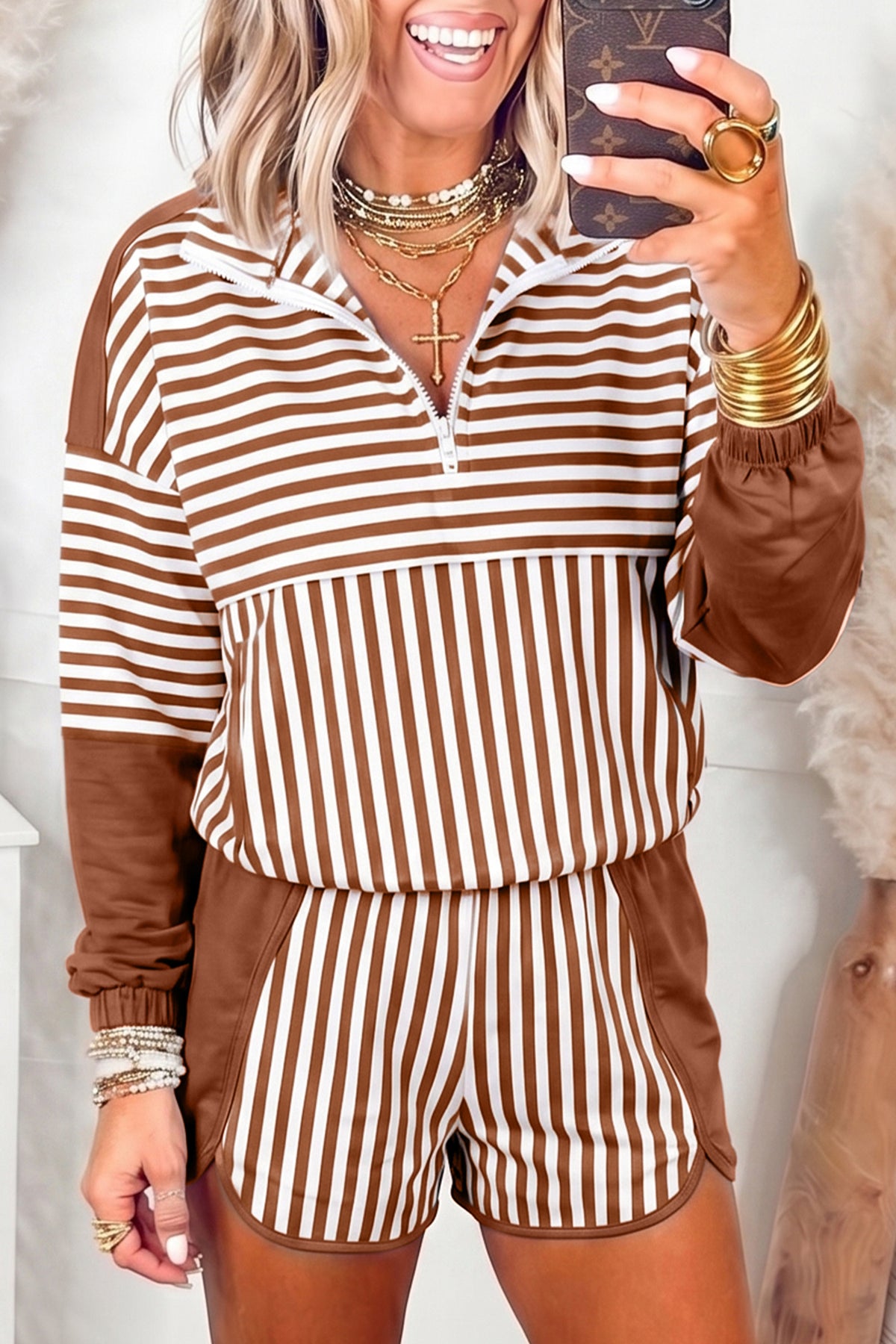 Women's Brown Stripe Color Block Patchwork Quarter Zip Pullover Sporty Shorts Set