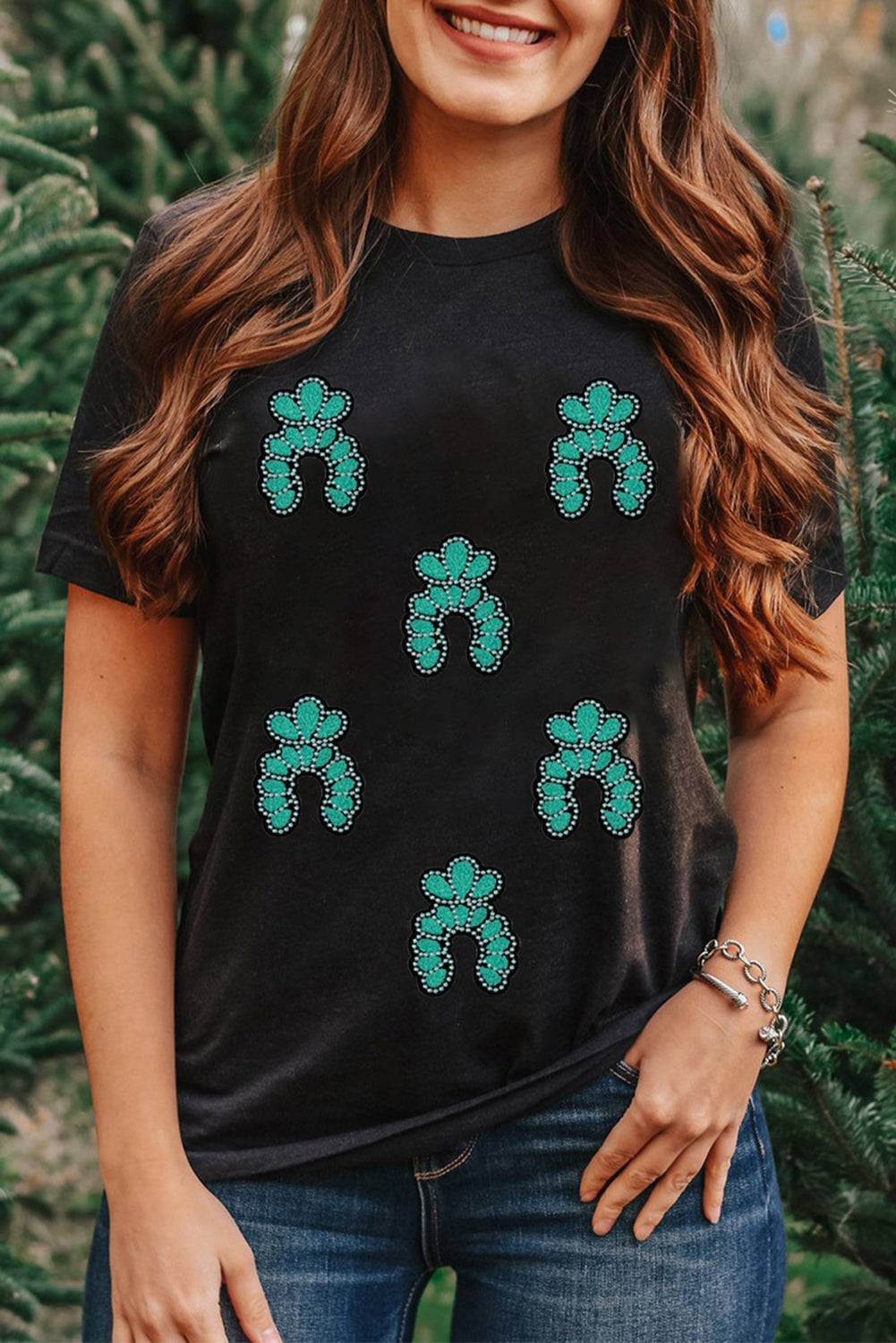 Black Western Turquoise Pattern Sequin Patched T-Shirt