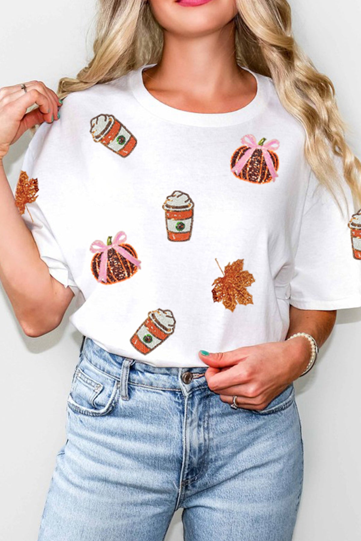 White Sequined Pumpkin Fall Graphic Casual Shift T-Shirt