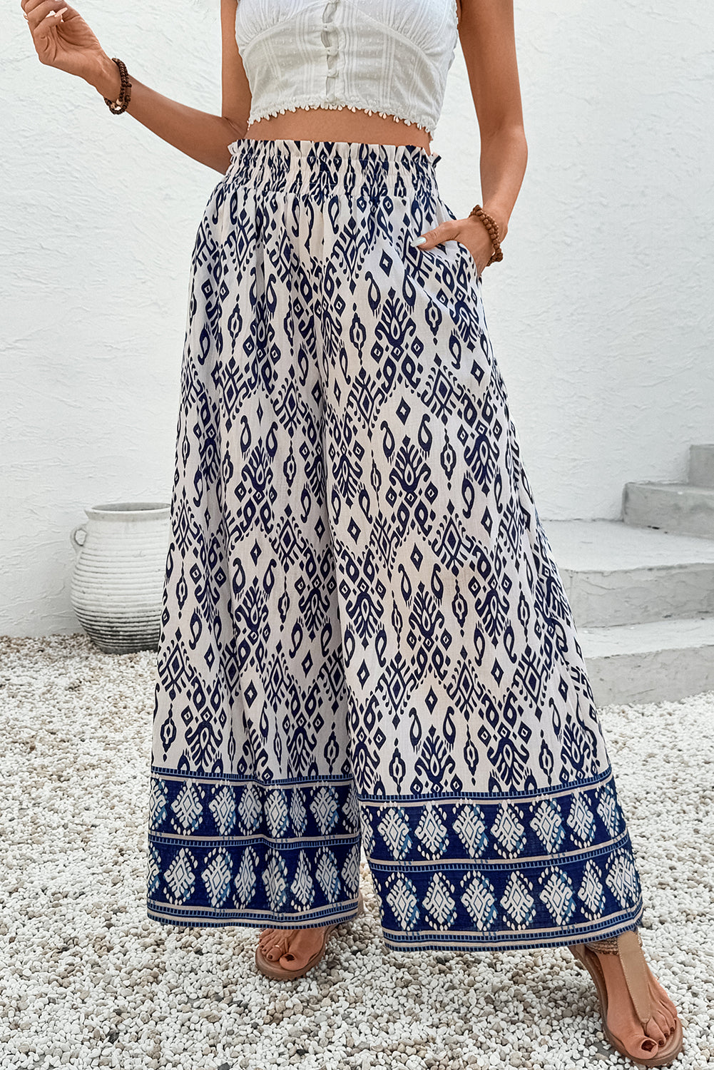 Blue Boho Pattern Print High Waist Wide Leg Loose Pants