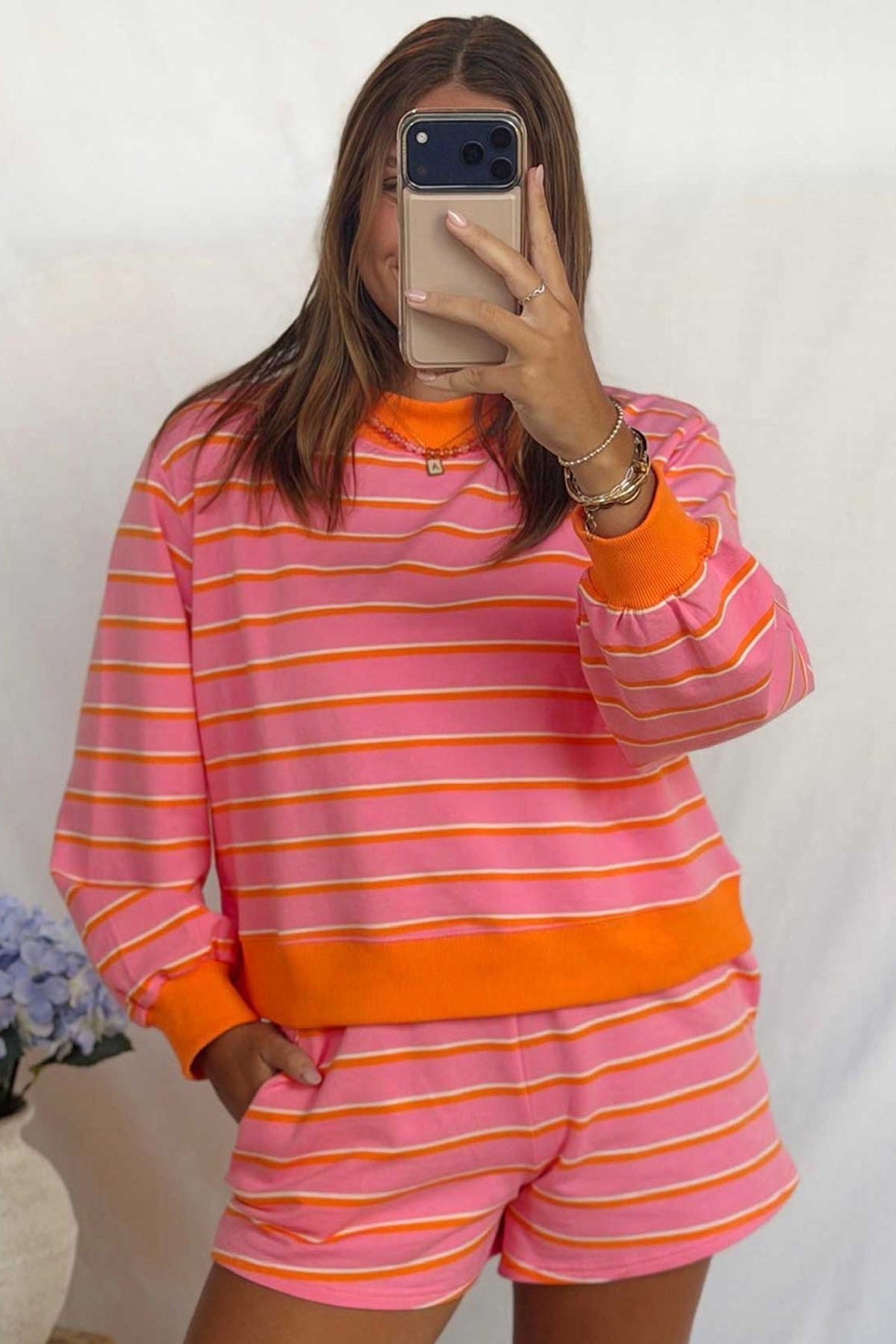 Women's Rose Stripe Color Block Trim Long-Sleeve Pullover Pocketed Shorts Two-Piece Set