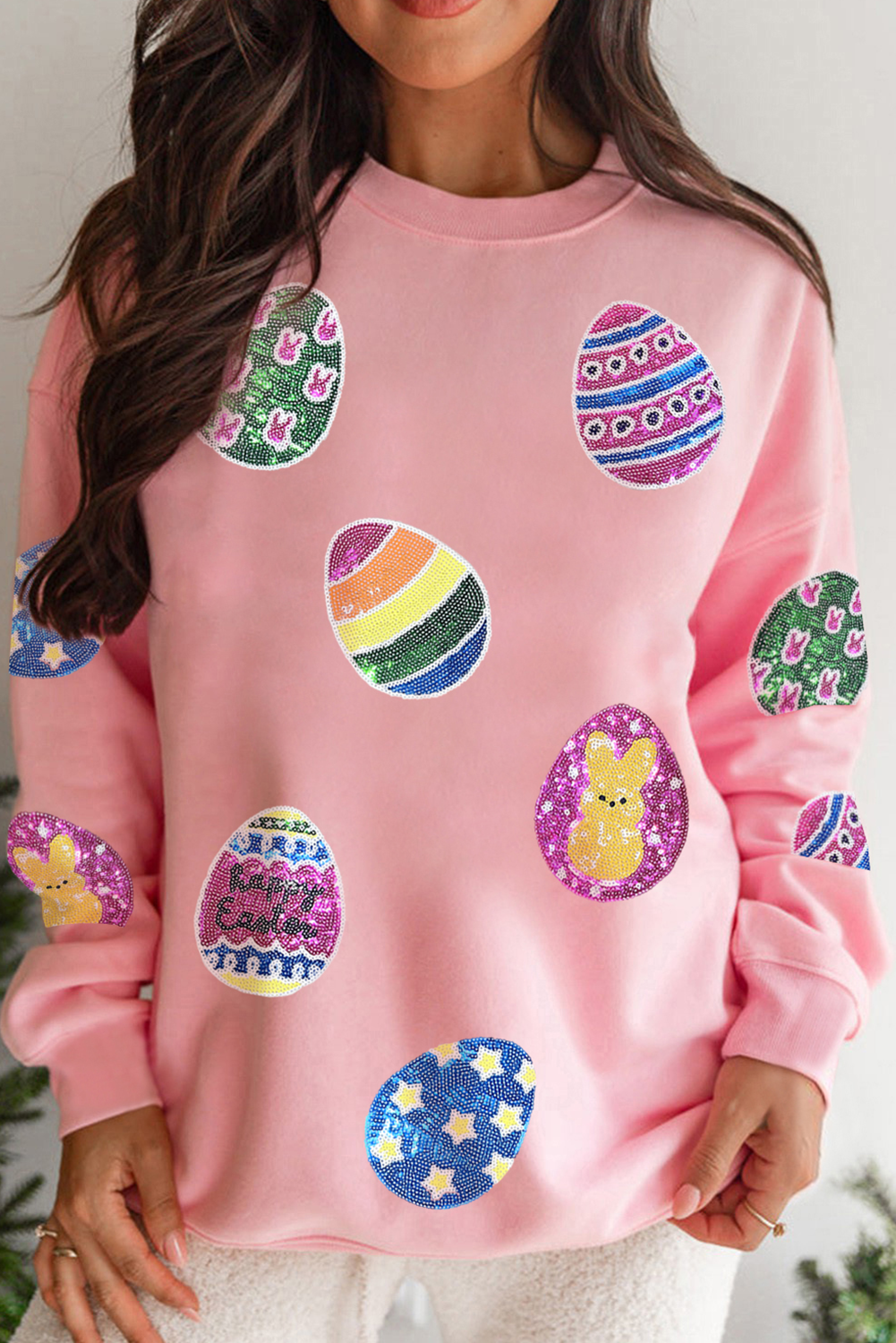 Pink Sequined Easter Egg Patched Pullover Sweatshirt