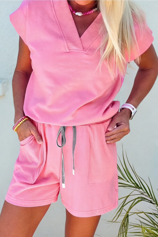 Women's Sachet Pink V-Neck Short-Sleeve Top & Shorts Two-Piece Set