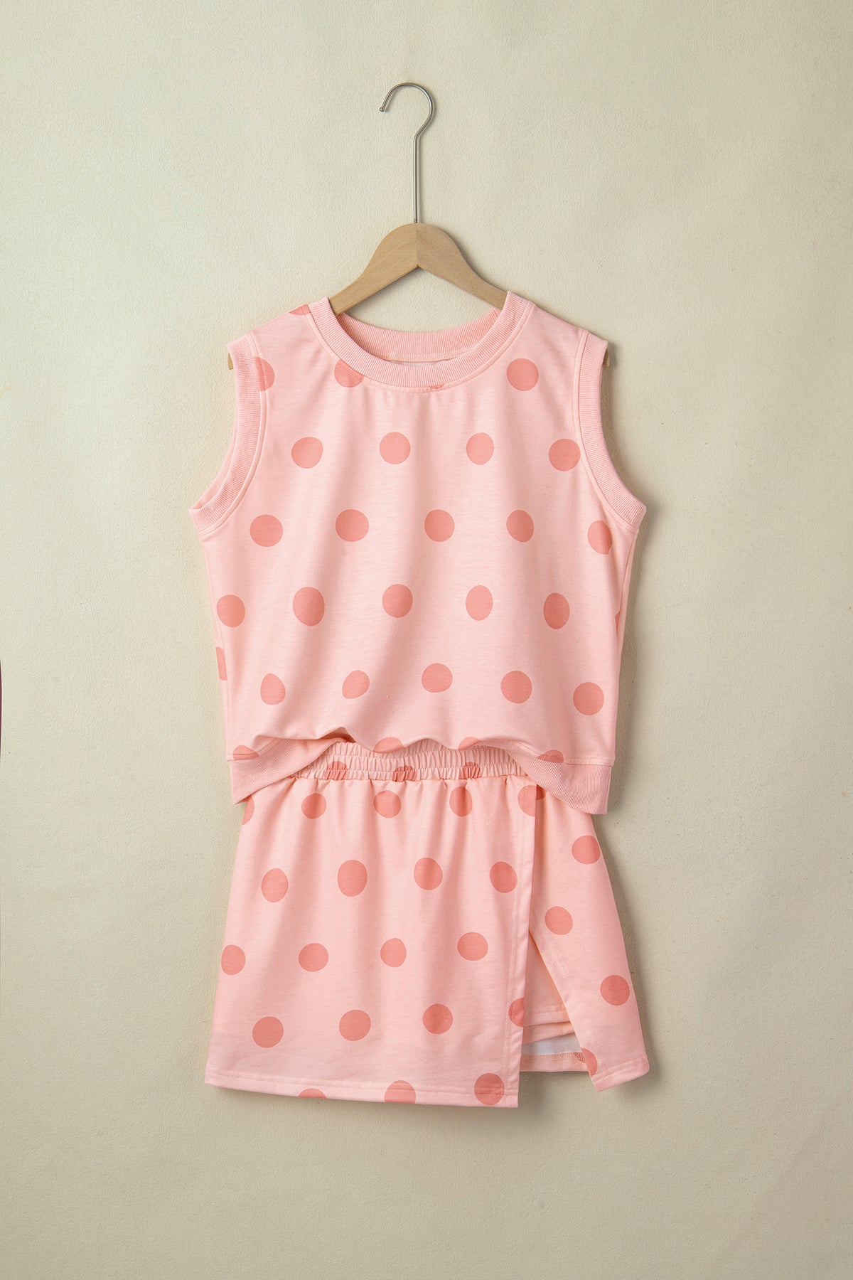 White Ribbed Trim Polka Dot Print Tank Split Mini Skort 2pcs Set