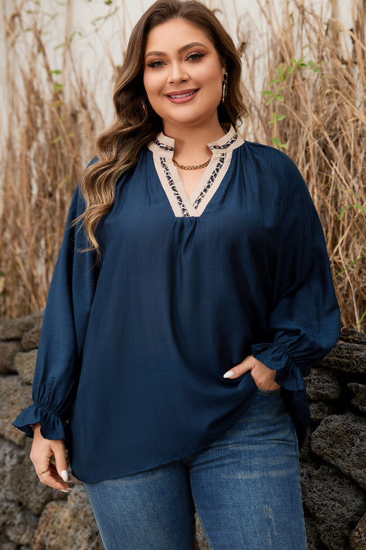Navy Blue Contrast Leopard Collar Plus Size Long Blouse