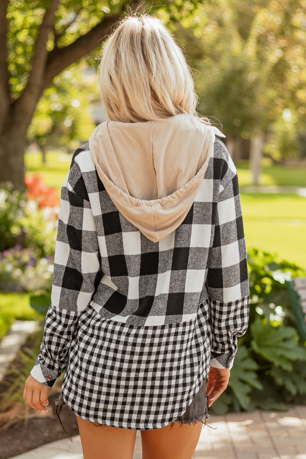 Black Double Plaid Patchwork Drawstring Hooded Shacket