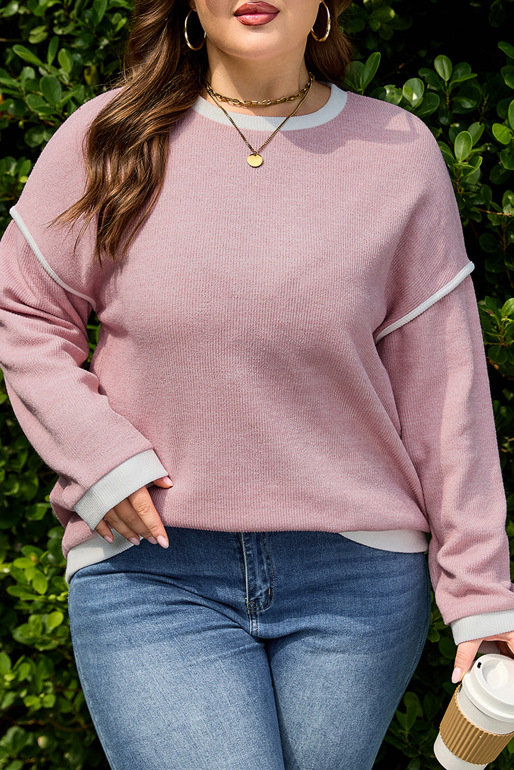 Light Pink Contrast Trim Knitted Drop-Shoulder Plus Size Top