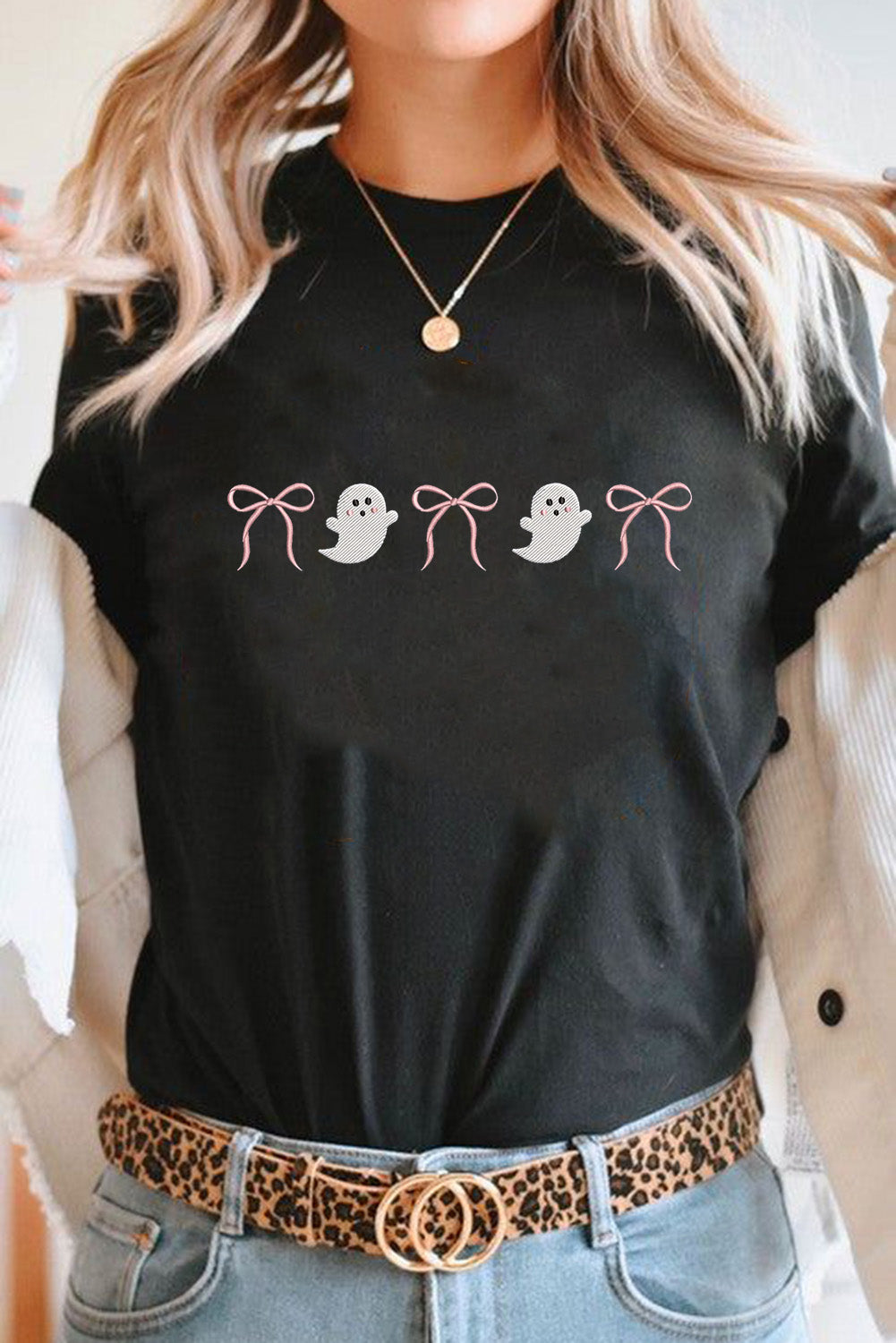 Black Halloween Ghost Bow Embroidered Loose T-Shirt