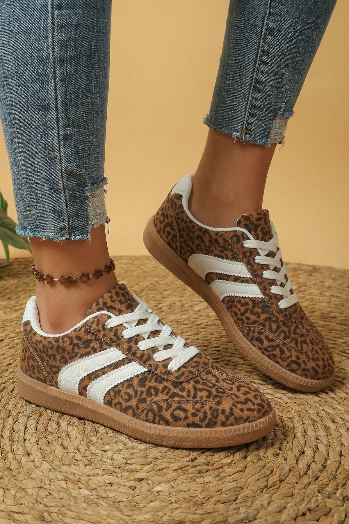 White PU Leather Shimmer Leopard Printed Lace-up Sneakers