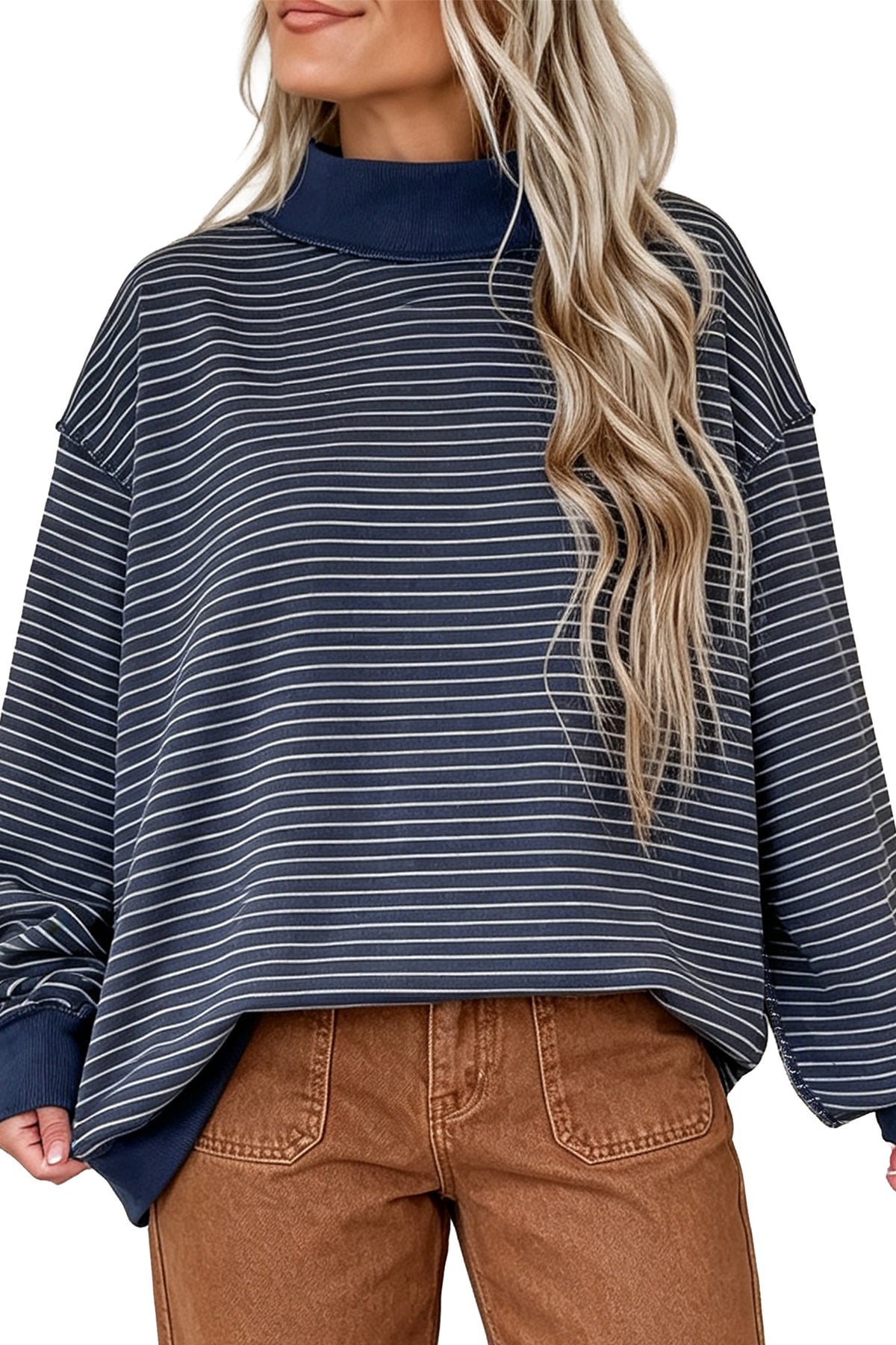 Khaki Stripe Ribbed Mock Neck Oversized Sweatshirt