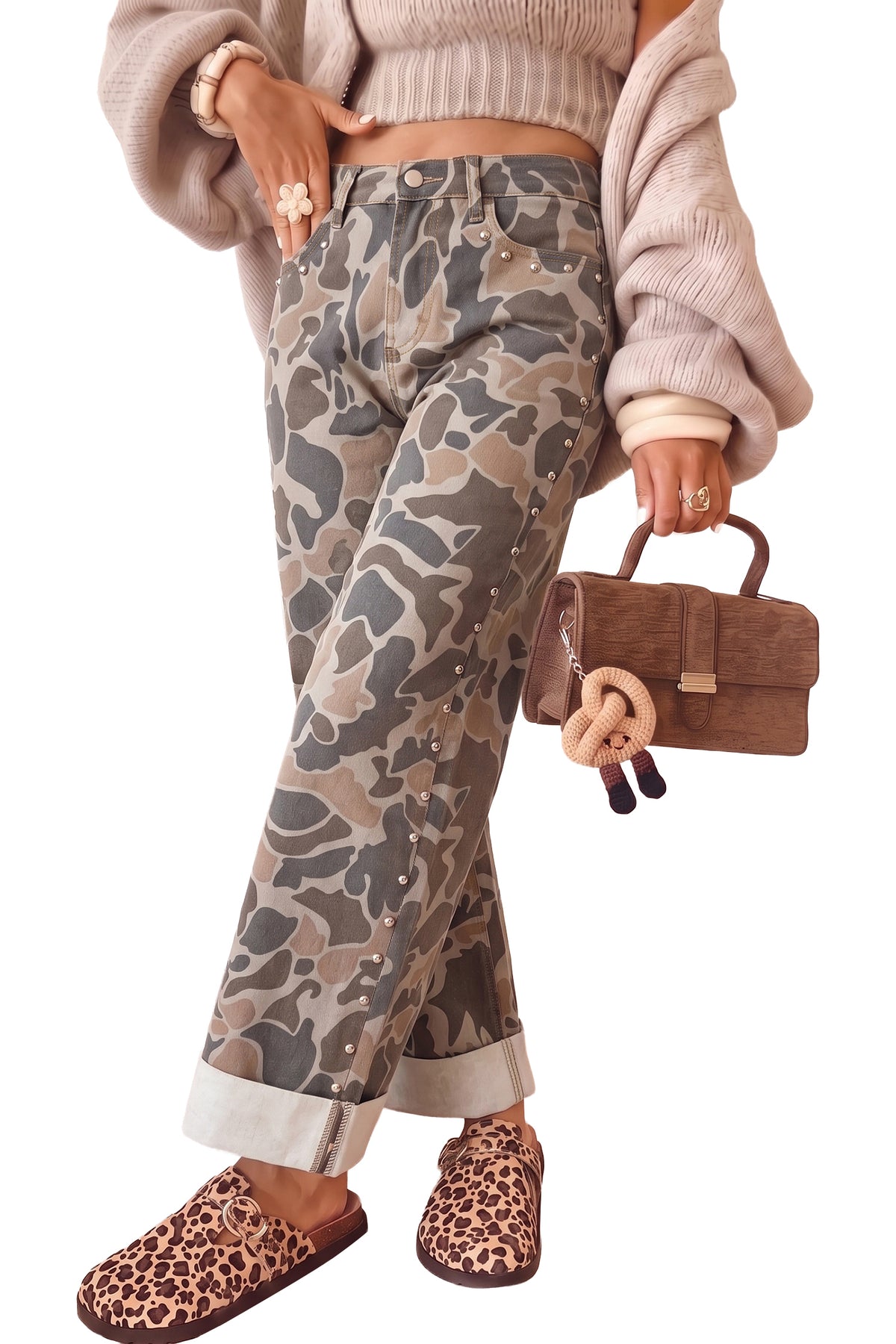 Multicolor Camo Studded Straight Leg Jeans