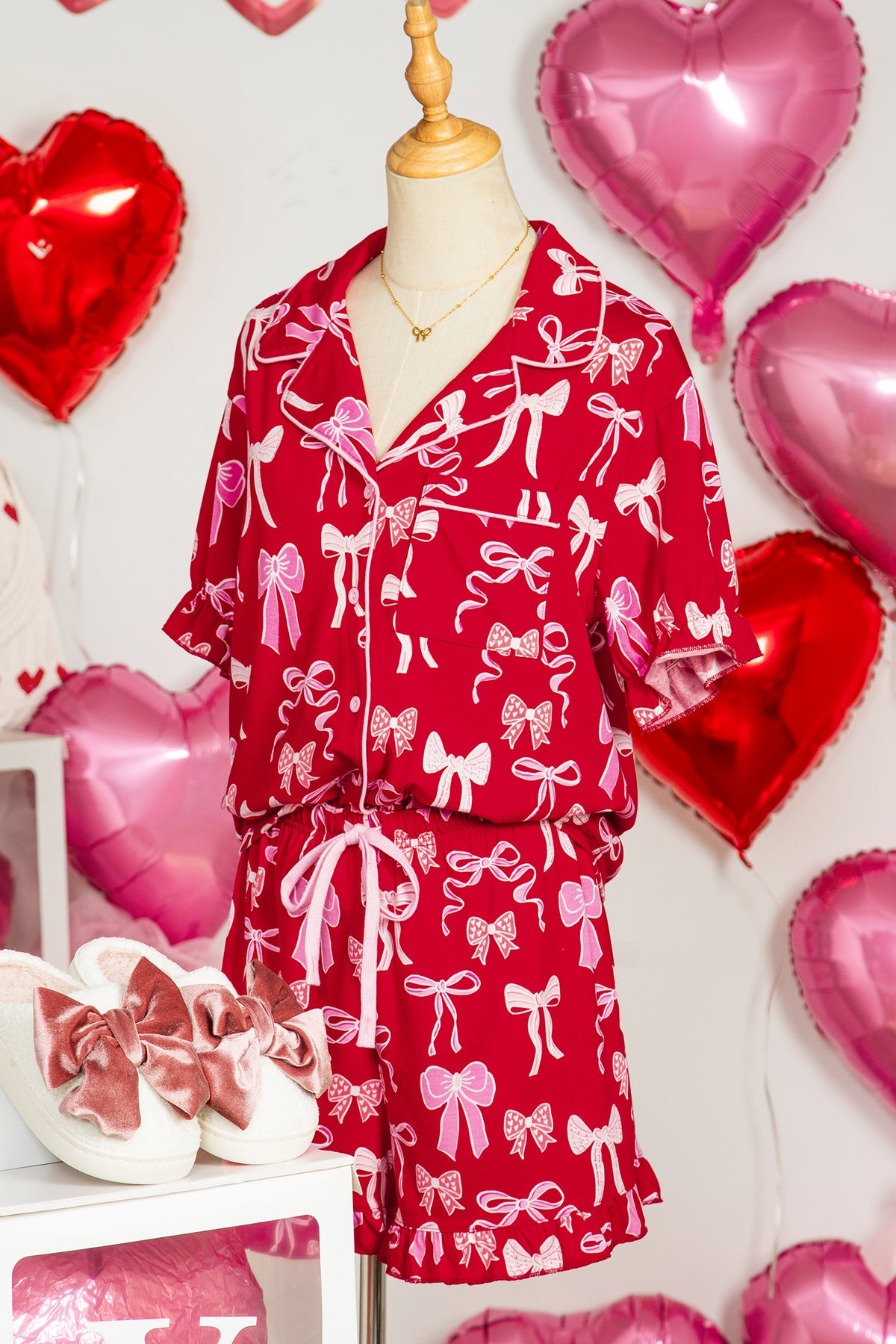 Red Sweet Bow Print Ruffled Short Sleeve Shirt Shorts Pajama Set