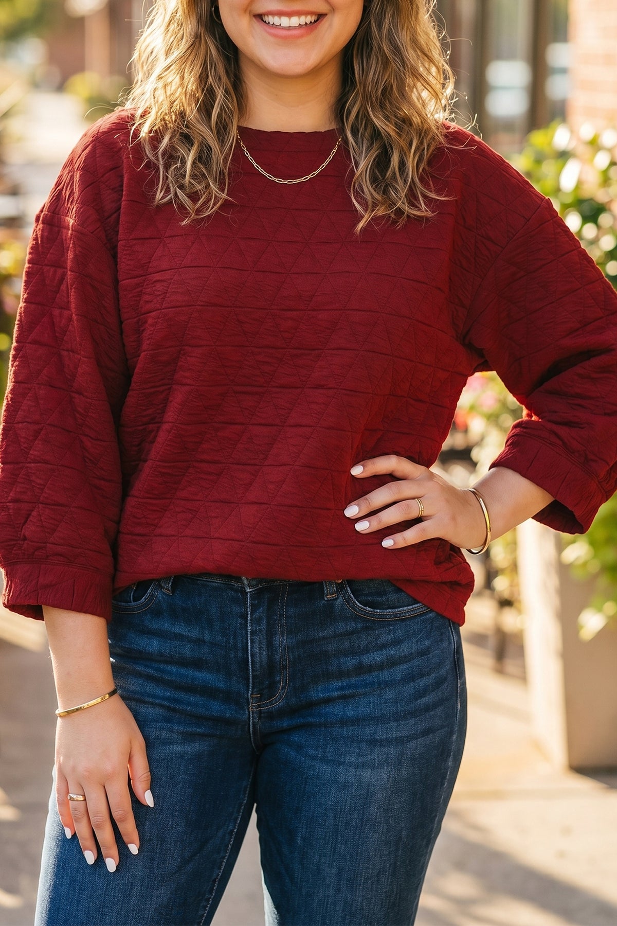 Racing Red Solid Round-Neck Tunic Adjustable Cuffs Shift Plus Size Blouse