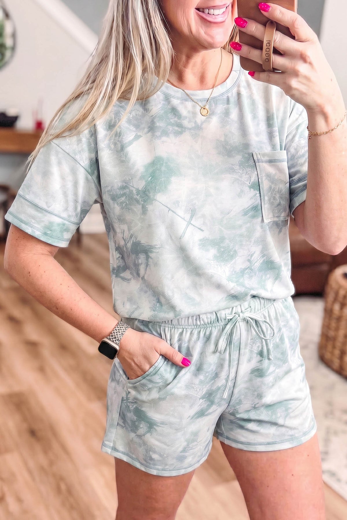 Women's Green Casual Camouflage Short-Sleeve Elastic Waist Two-Piece Set
