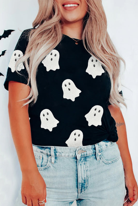 Black Sequin Halloween Ghost Patched Casual T-Shirt