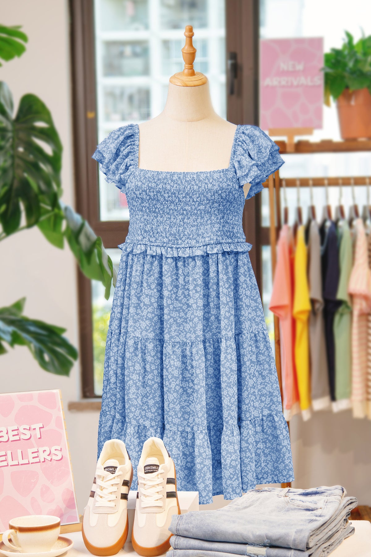 Sky Blue Floral Square Neck Flutter Sleeve Smocked Tiered Mini Dress