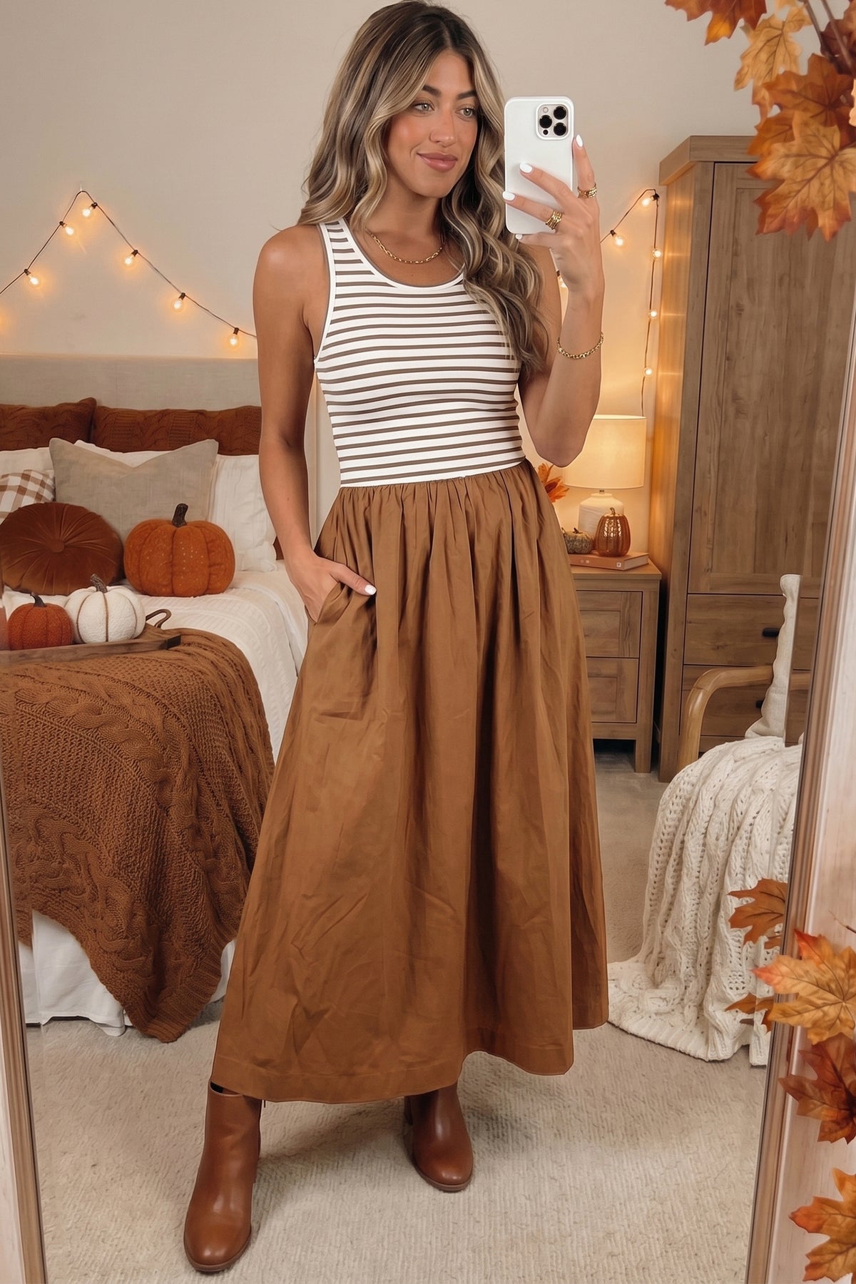 Chestnut Striped Colorblock Patchwork Sleeveless Long Dress