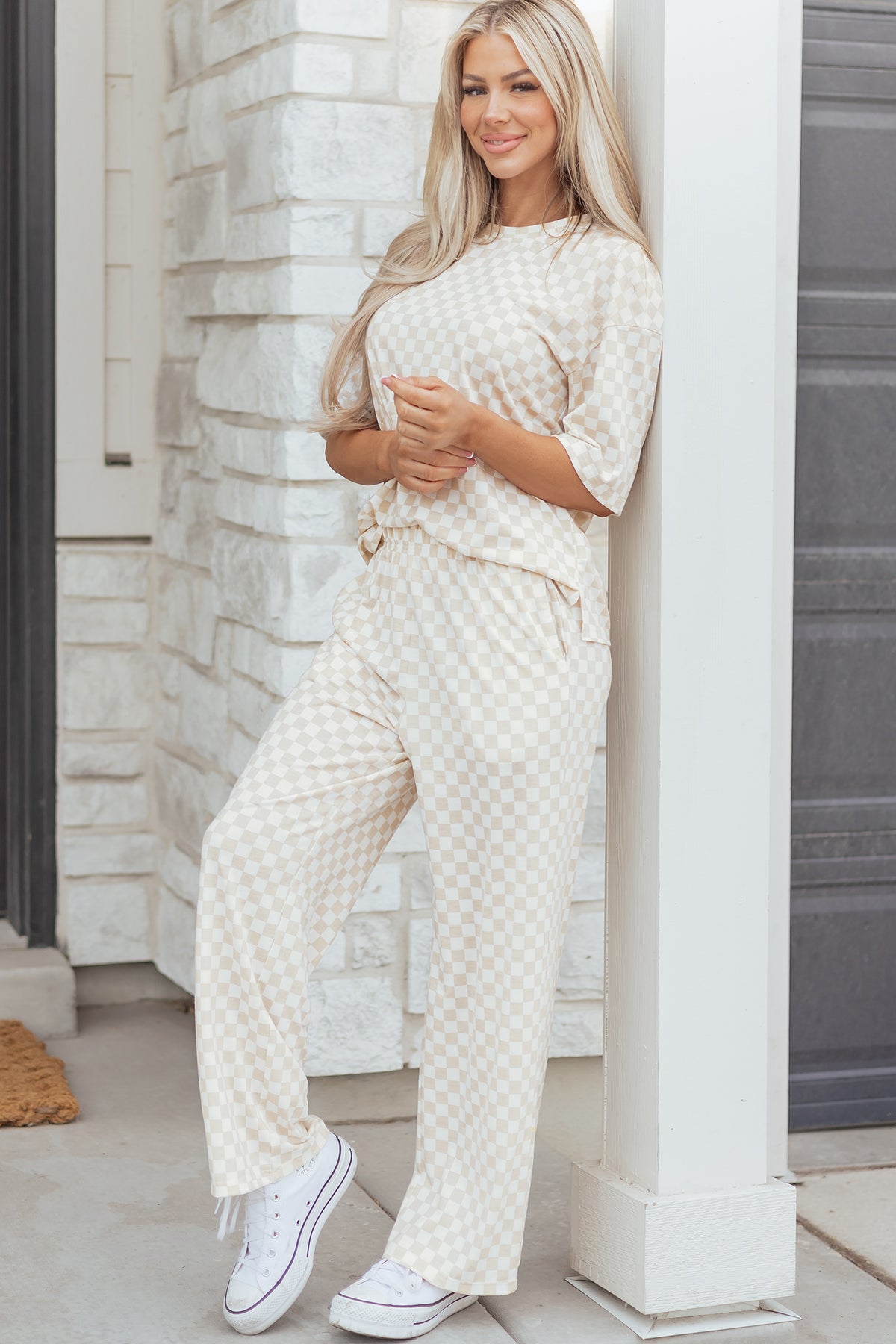 Rose Checkered Print Half Sleeve Tee Lounge Pant Set