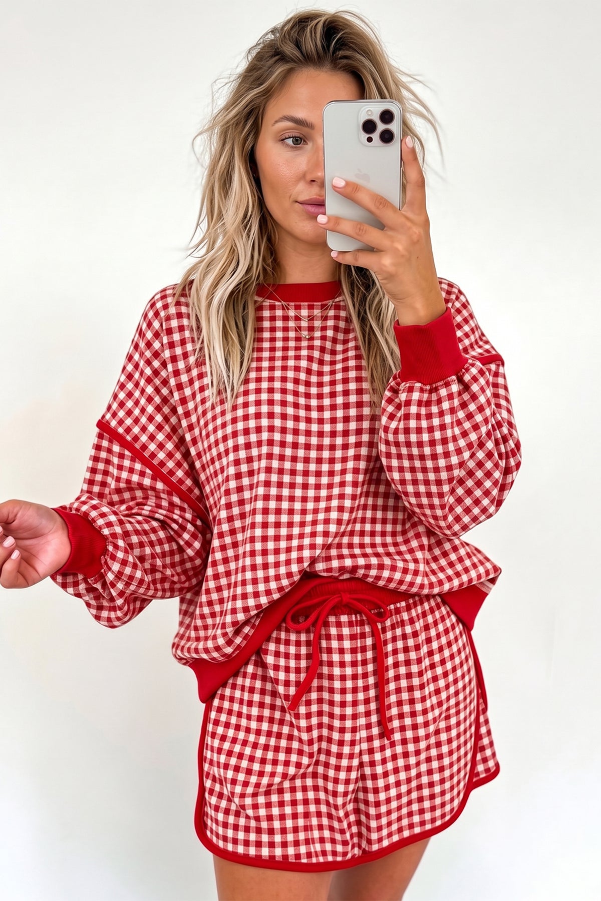 Brown Gingham Oversized Ribbed Crew Neck Long Sleeve Top and Skort Set
