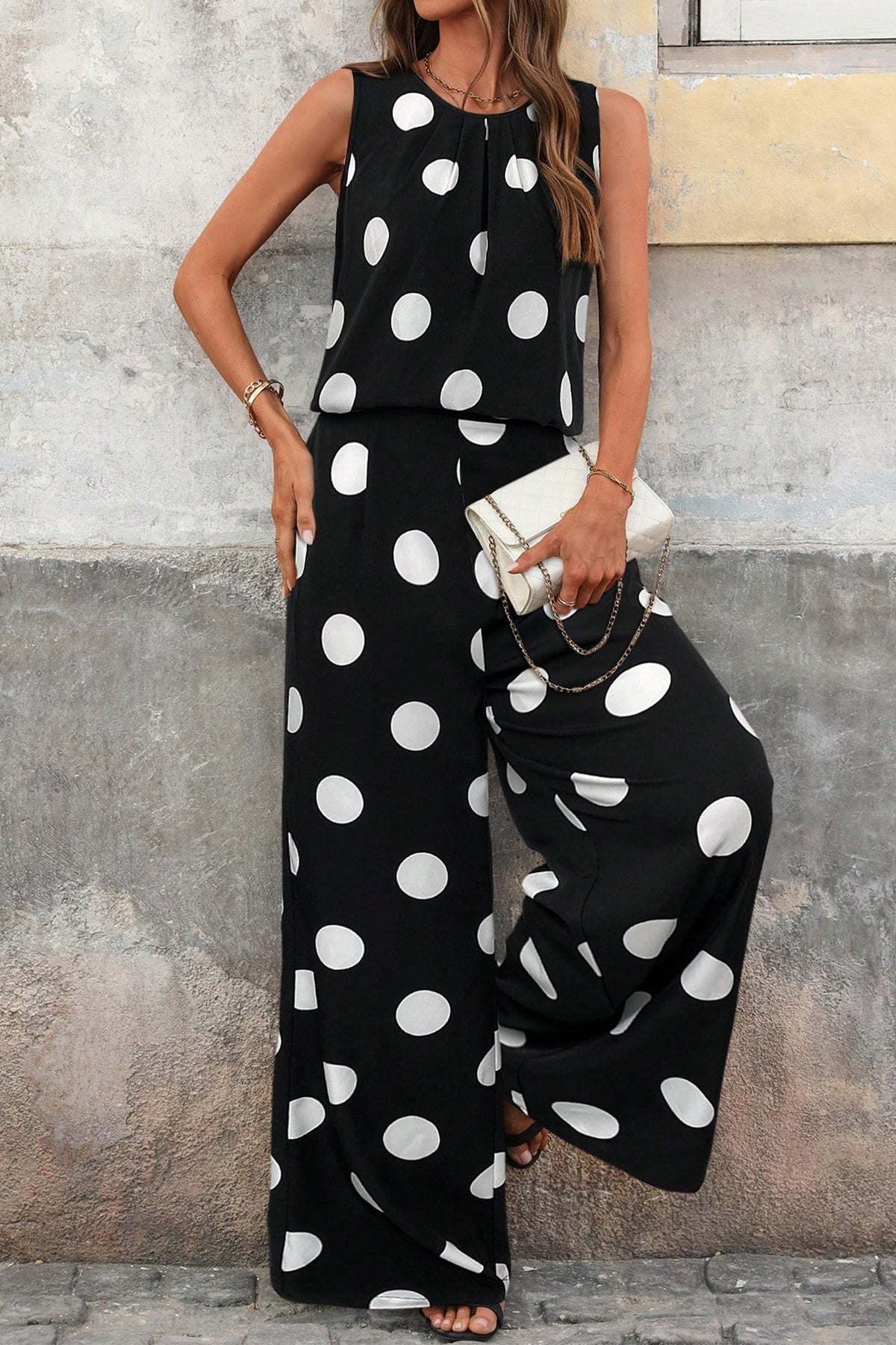 Women's Black Polka Dot Print Pleated Round Neck Tank Casual Wide-Leg Two-Piece Outfit